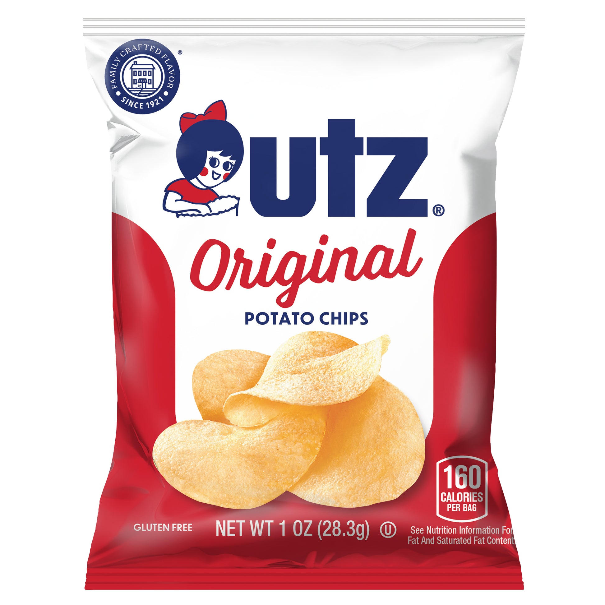 Front of Utz Original Potato Chips 1 oz bag, displaying the Utz logo with a cartoon character, the text 'Original Potato Chips,' an image of potato chips, and a '160 Calories per Bag' label. The package also notes that it is gluten-free.
