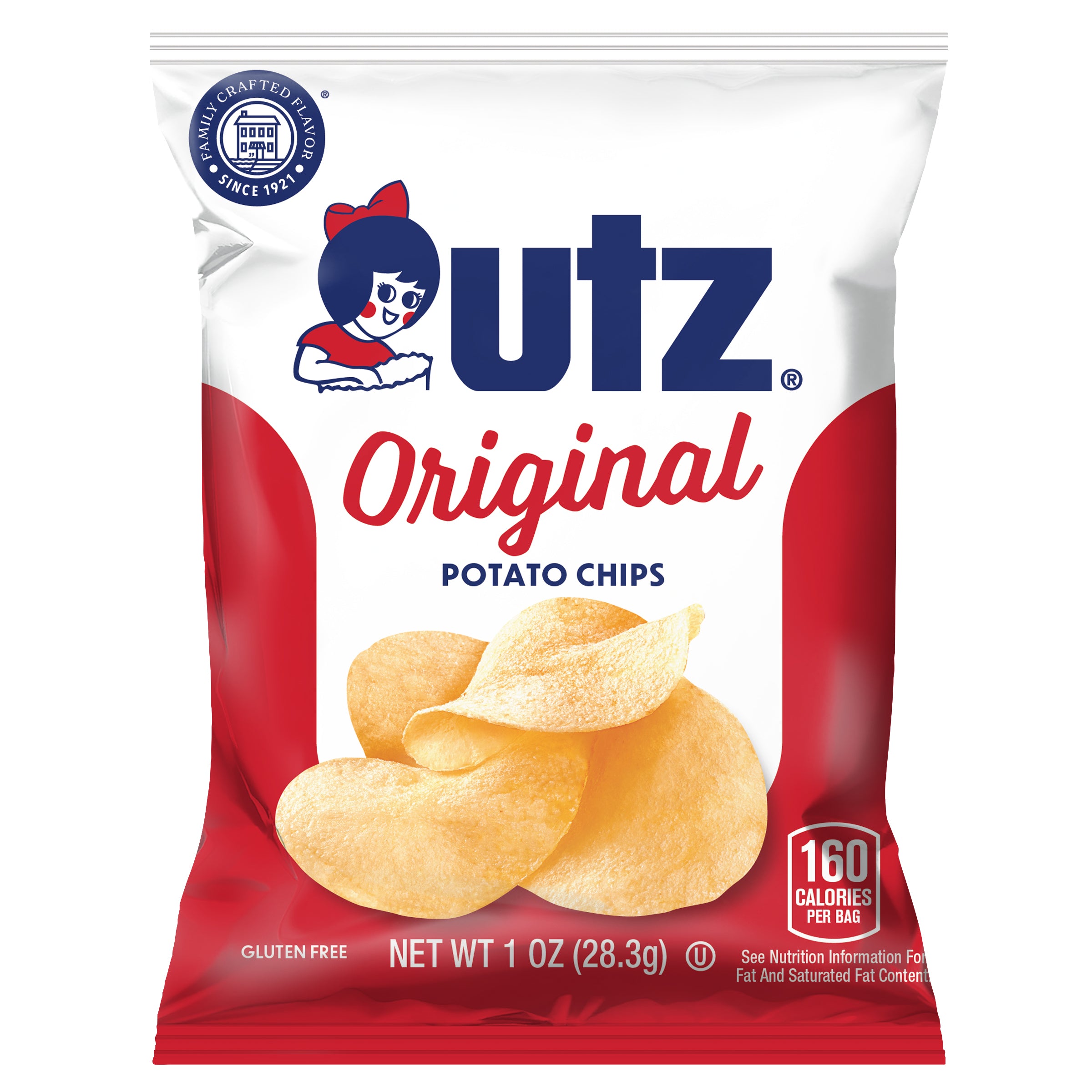 Front of Utz Original Potato Chips 1 oz bag, displaying the Utz logo with a cartoon character, the text 'Original Potato Chips,' an image of potato chips, and a '160 Calories per Bag' label. The package also notes that it is gluten-free.