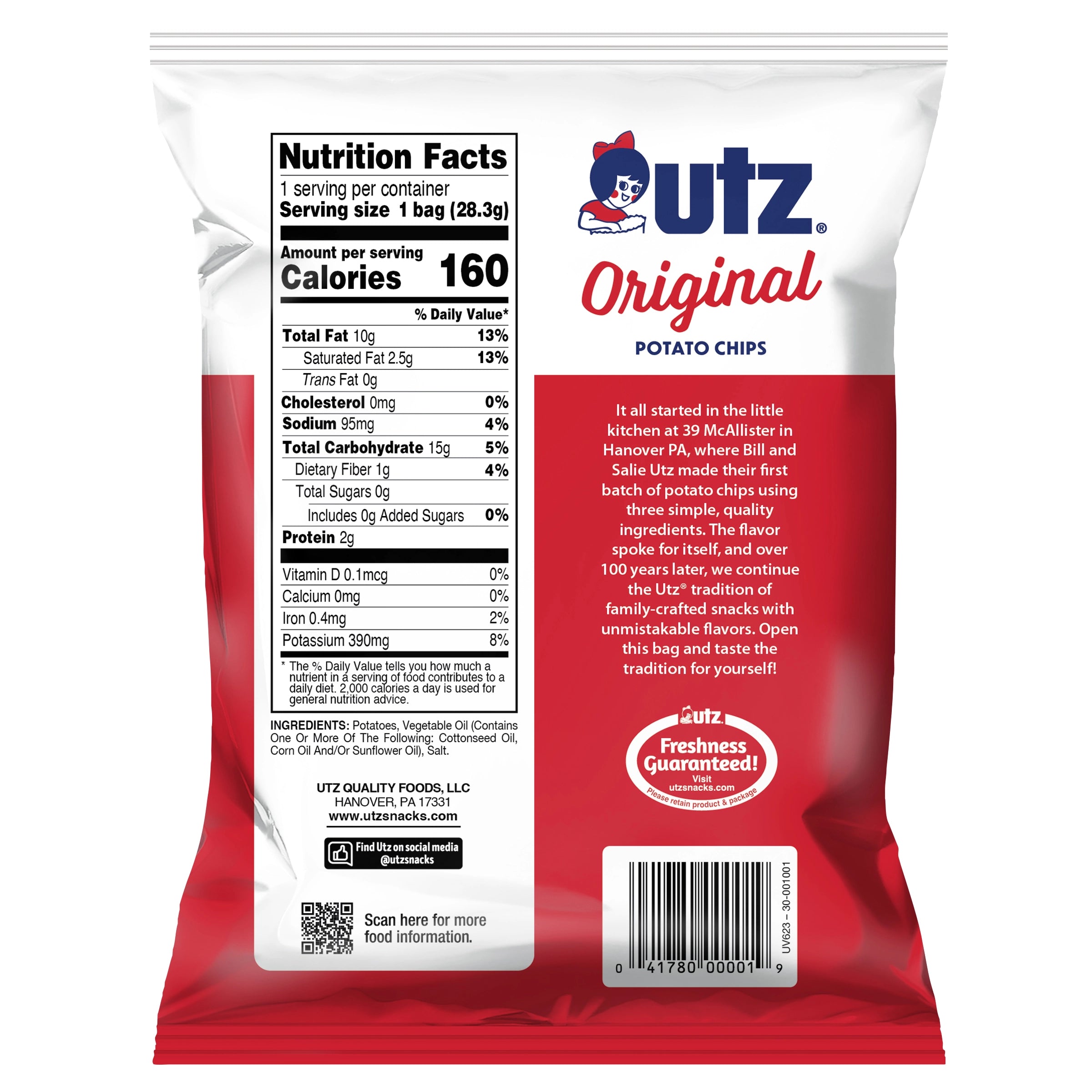 utz Original Potato Chips packaging with nutrition facts and branding details.