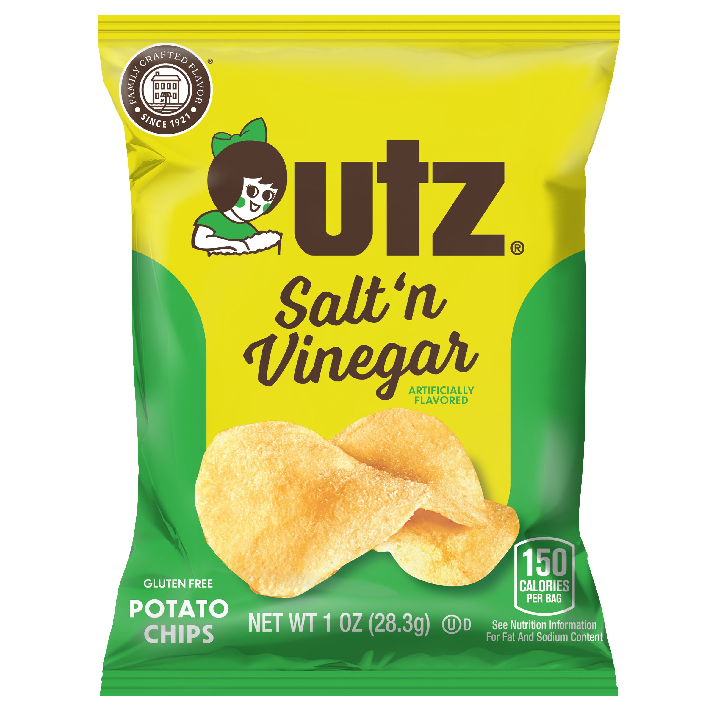 Front of the Utz Salt 'n Vinegar Potato Chips 1oz bag. Shows the Utz logo, product name, and an image of golden potato chips with a vinegar bottle and salt shaker on a yellow and green background. Displays 'Gluten-Free' and 150 calories per bag.