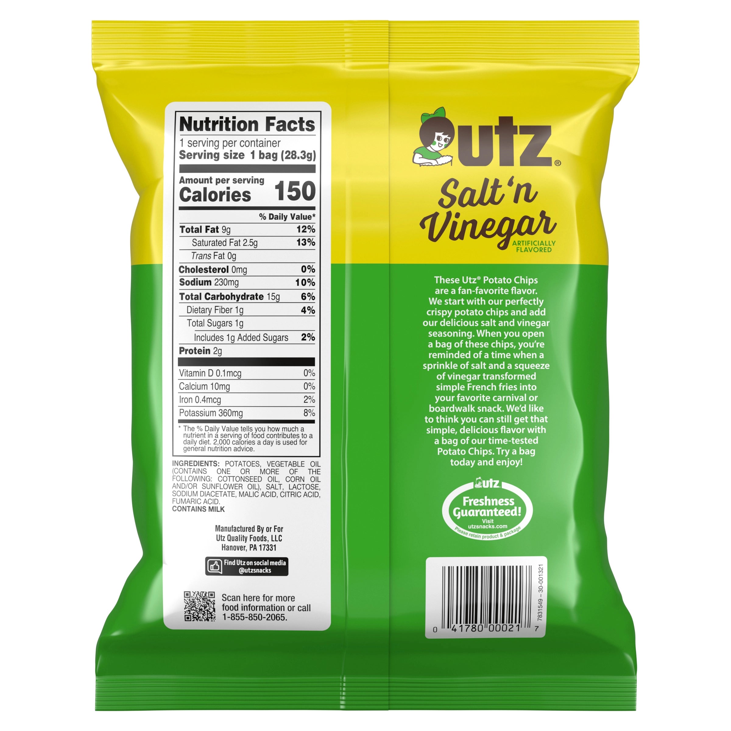 utz Salt 'n Vinegar potato chips packaging with nutrition facts label