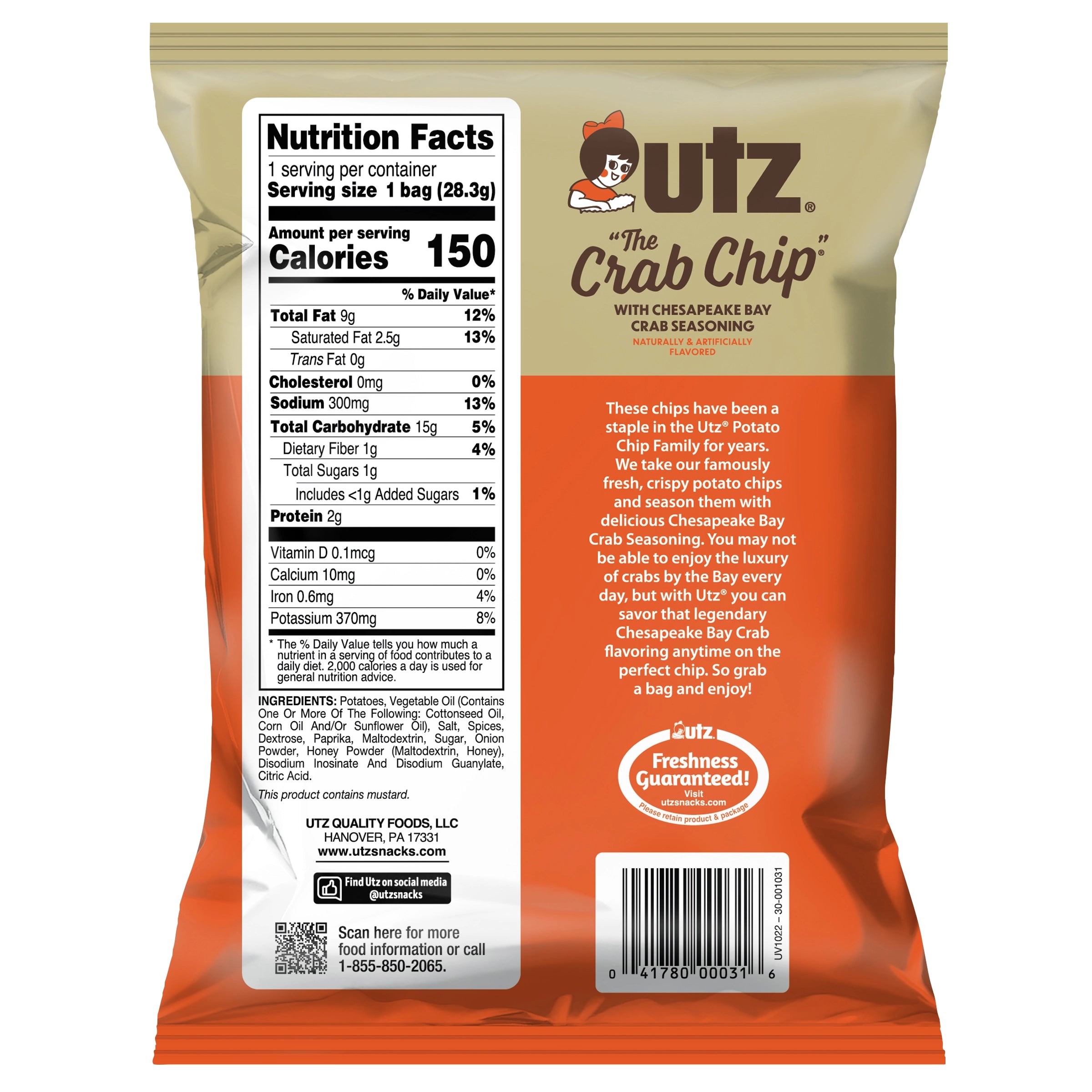 Utz Crab Chip packaging with nutrition facts label on a white background
