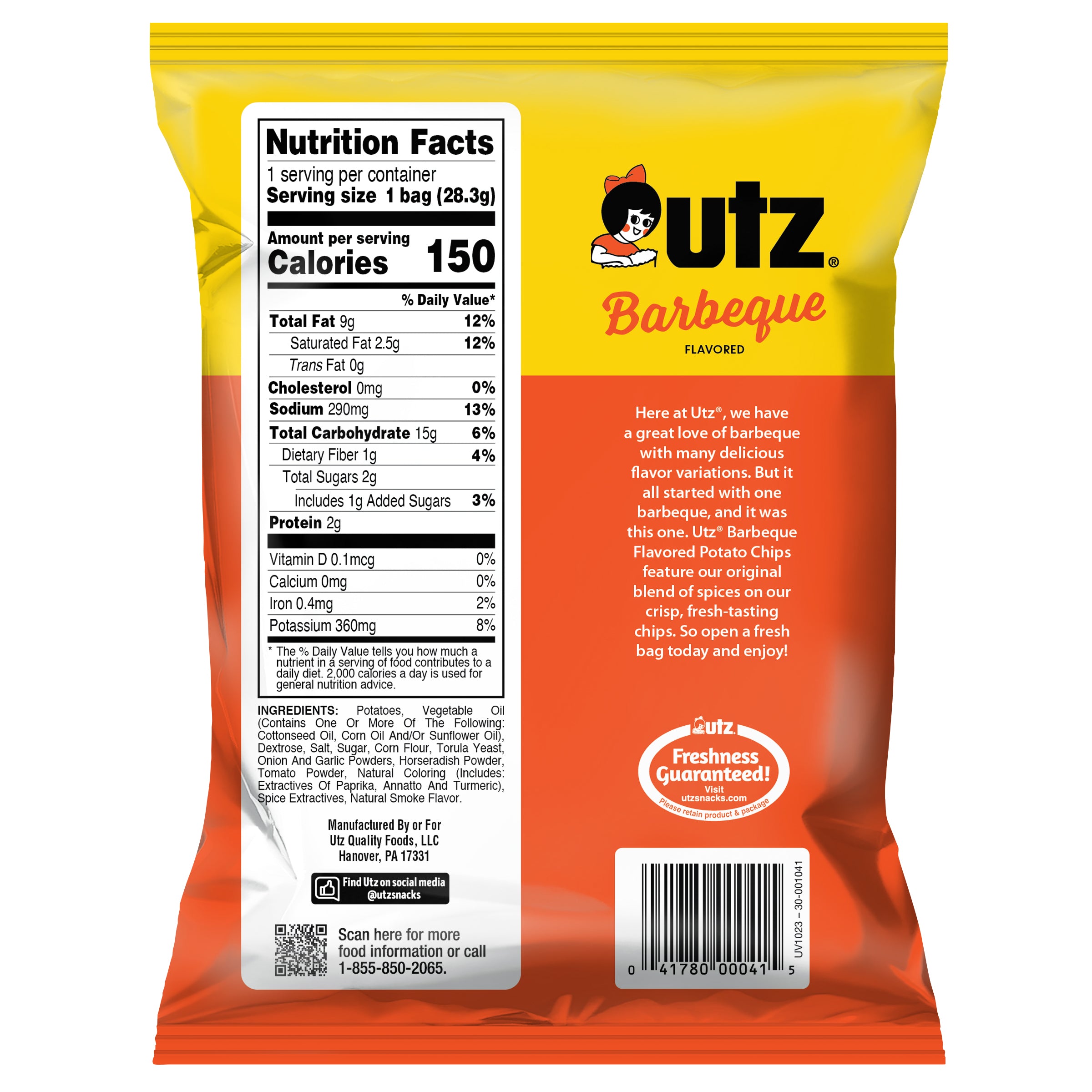 utz Barbeque flavored snack package with nutrition facts label on a white background