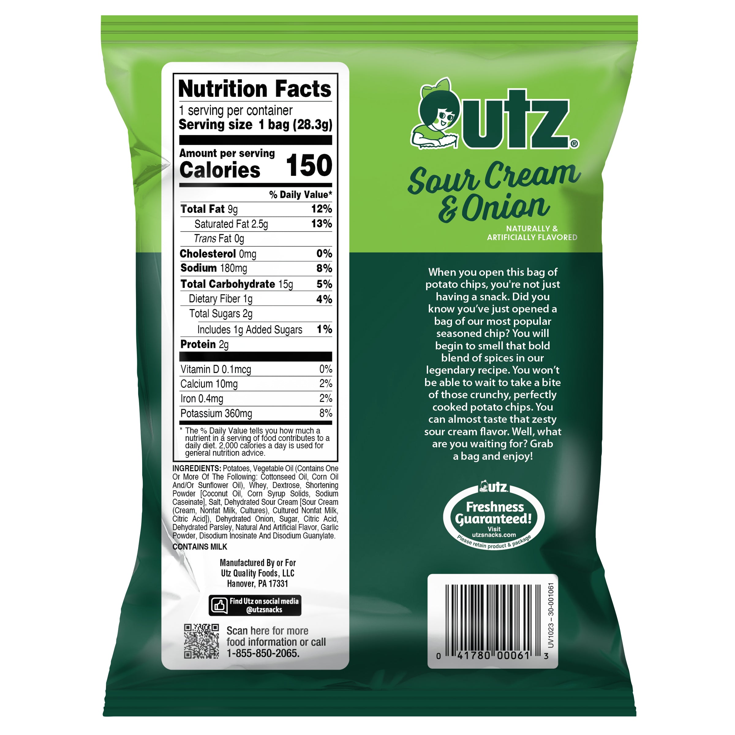 Outz Sour Cream & Onion potato chip bag with nutrition facts label on a white background
