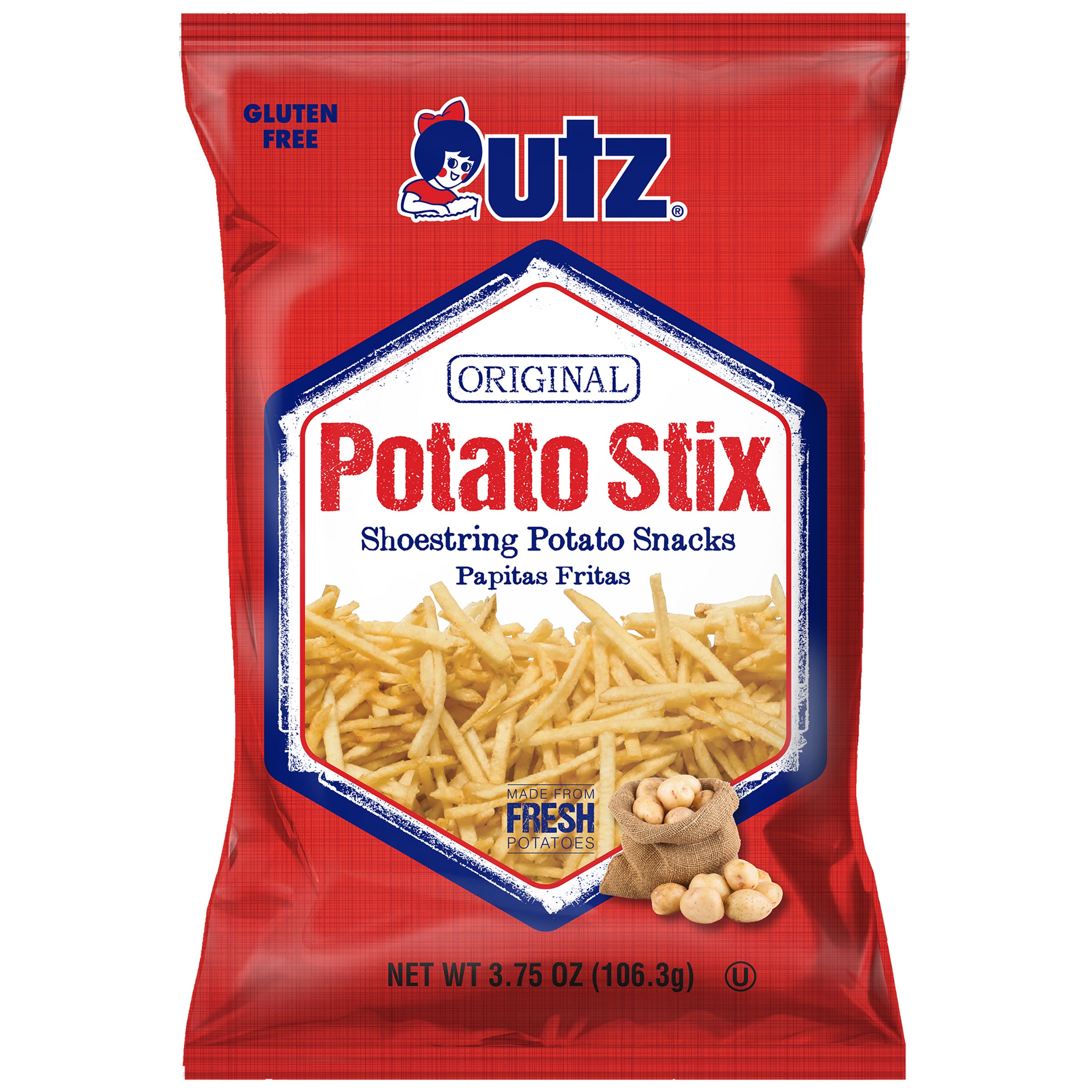 Red package of Utz Original Potato Stix with brand logo and product details.