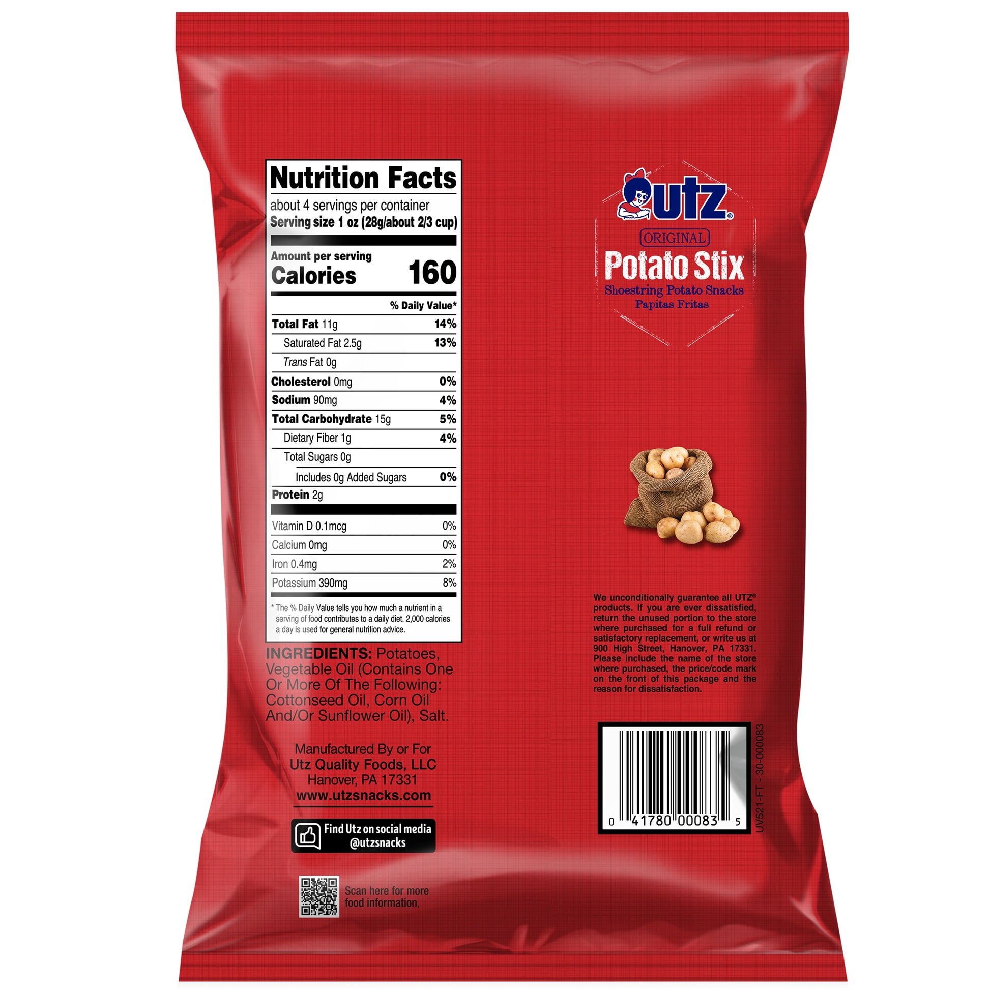 Back view of a red Utz Potato Stix packaging with nutrition facts and ingredients listed.