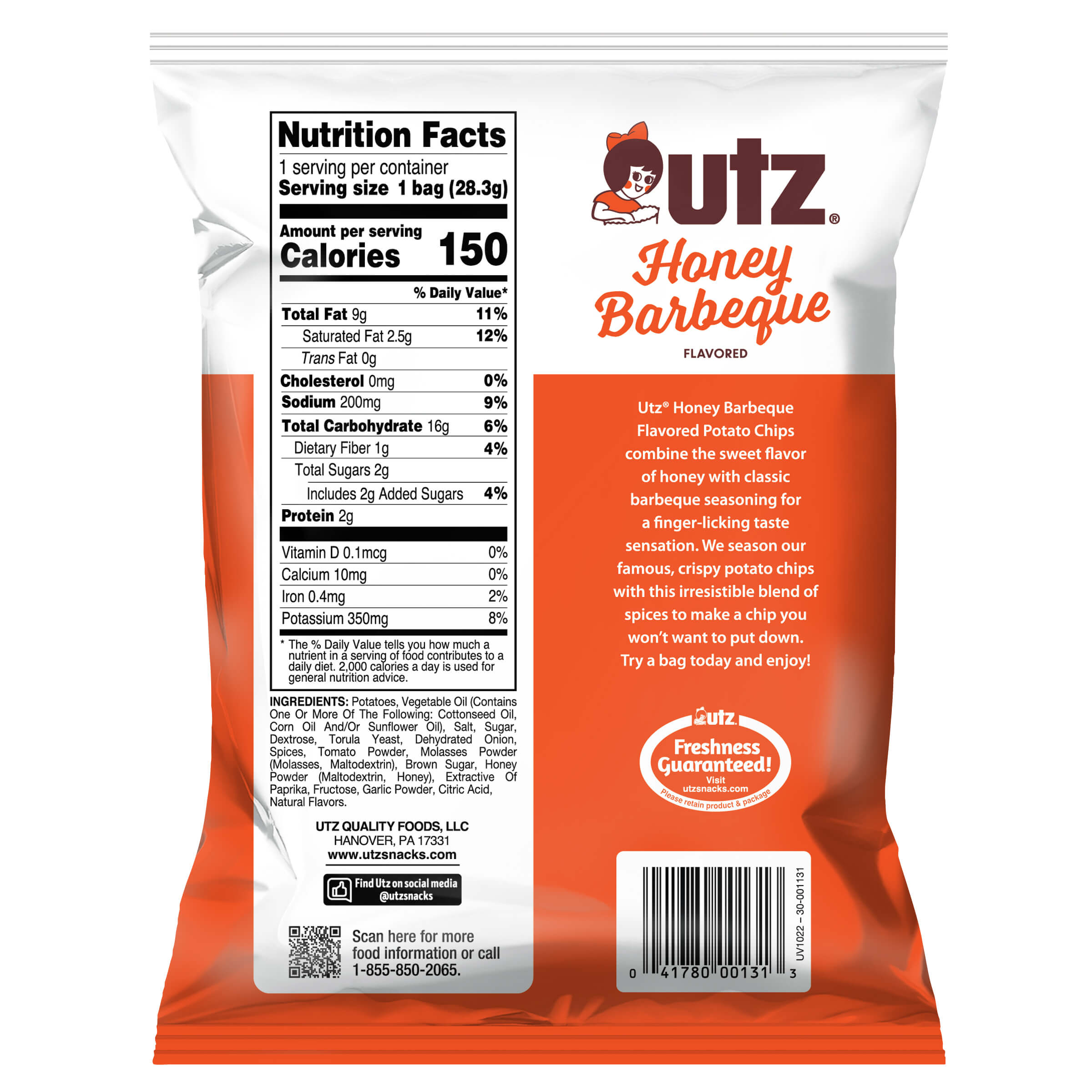 UTZ Honey Barbeque flavored potato chips packaging with nutrition facts label.