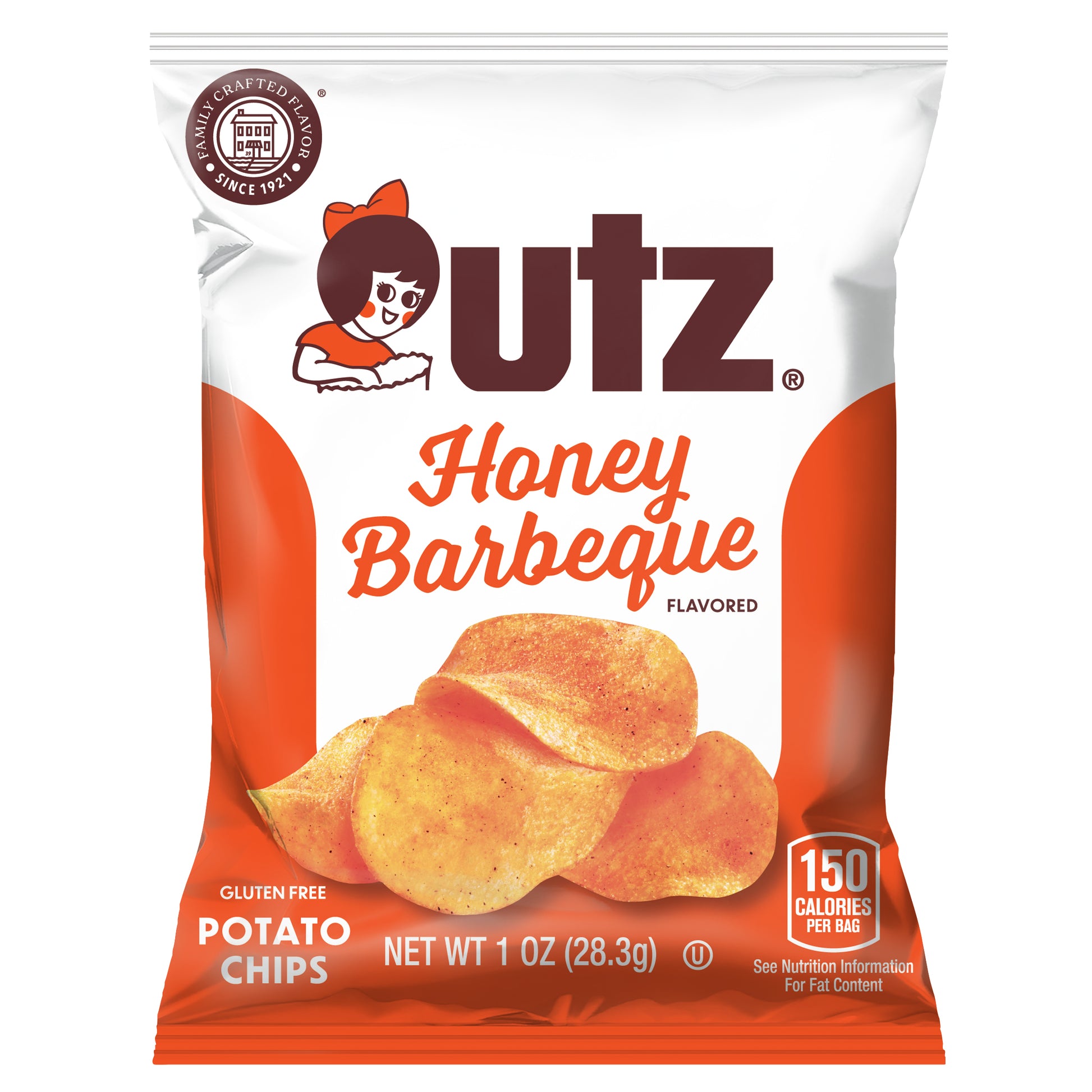 UTZ Honey Barbeque potato chip bag on a white background