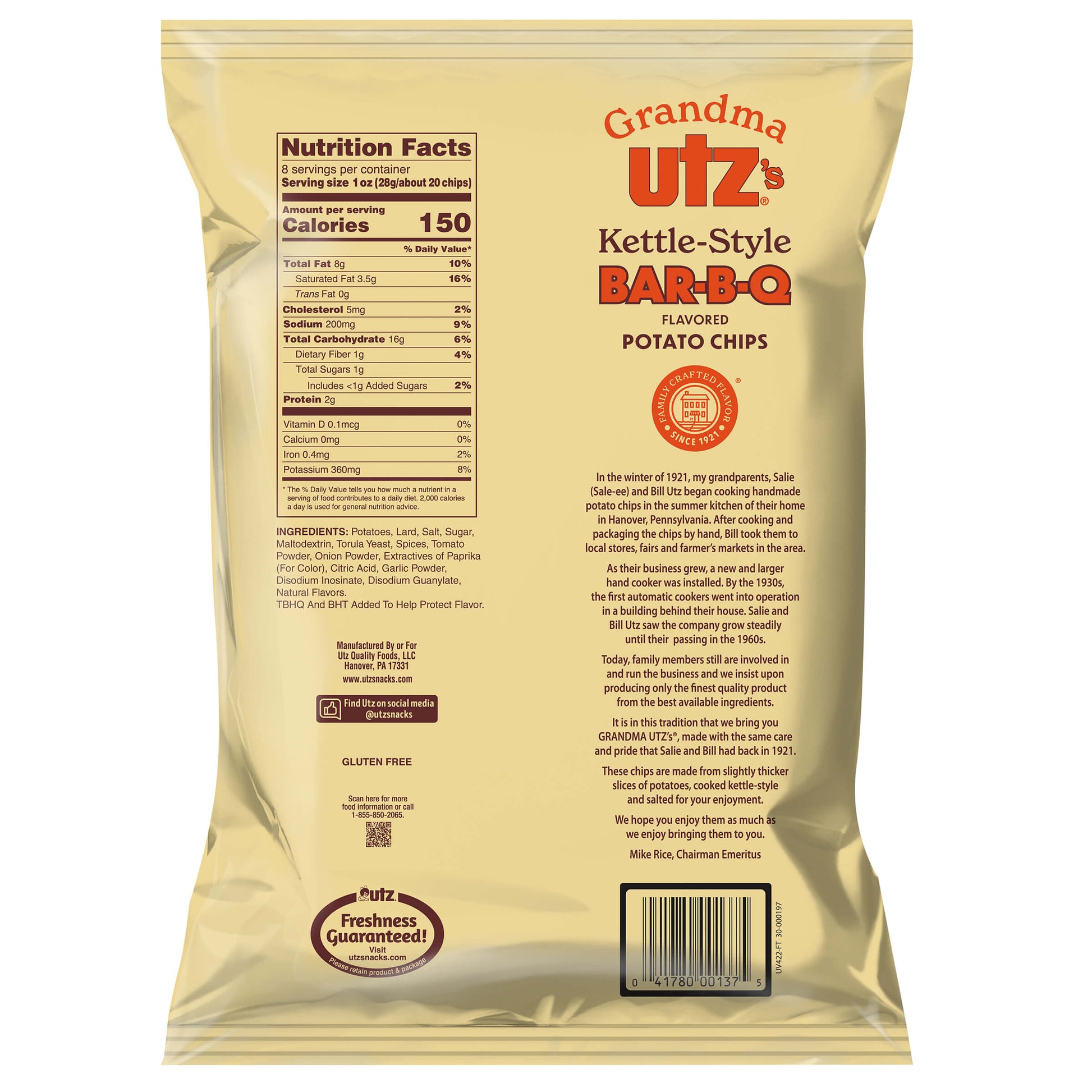 Back of Grandma Utz kettle-style BBQ potato chips bag with nutrition facts
