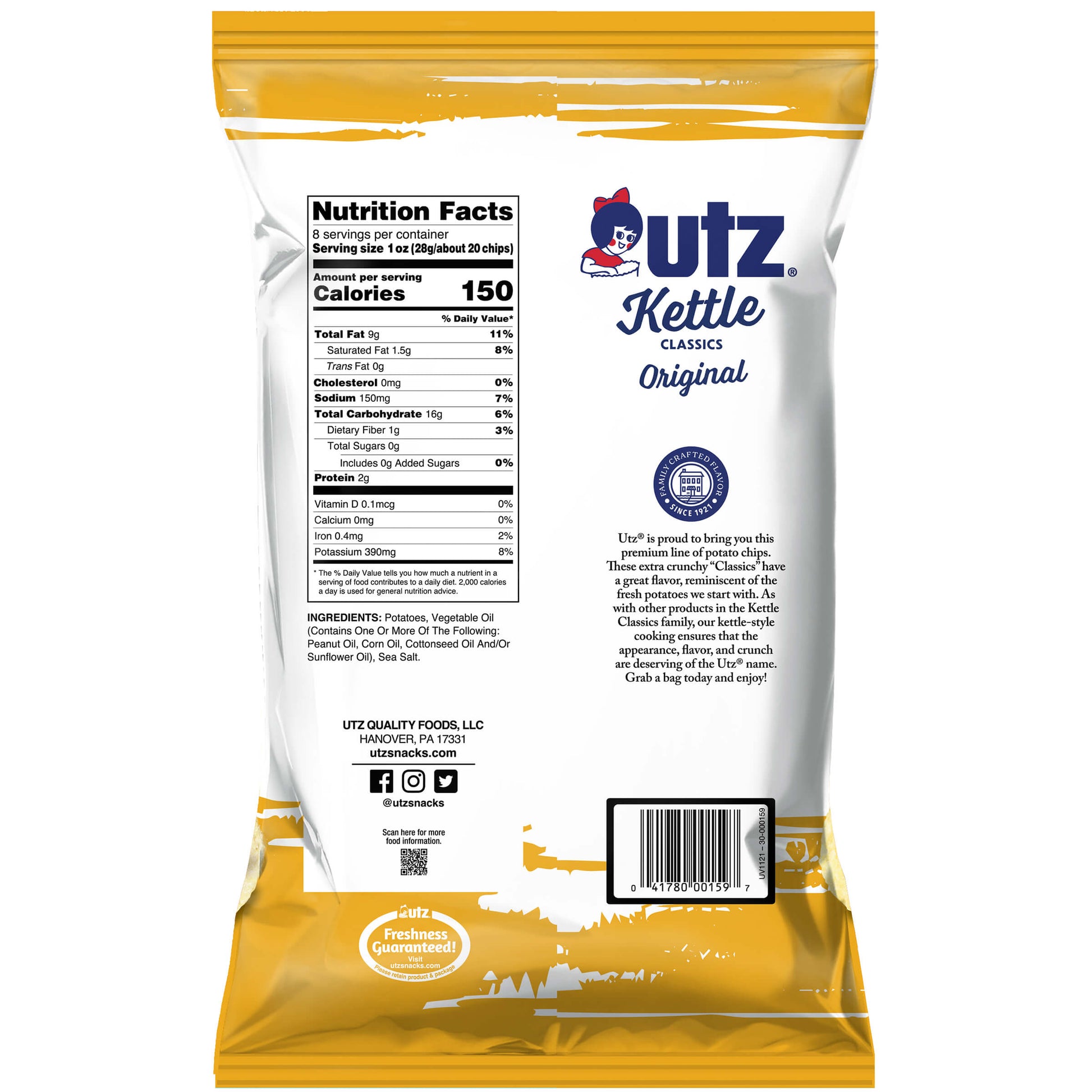 Outz Kettle Classics Original potato chip bag with nutrition facts and branding on a white background