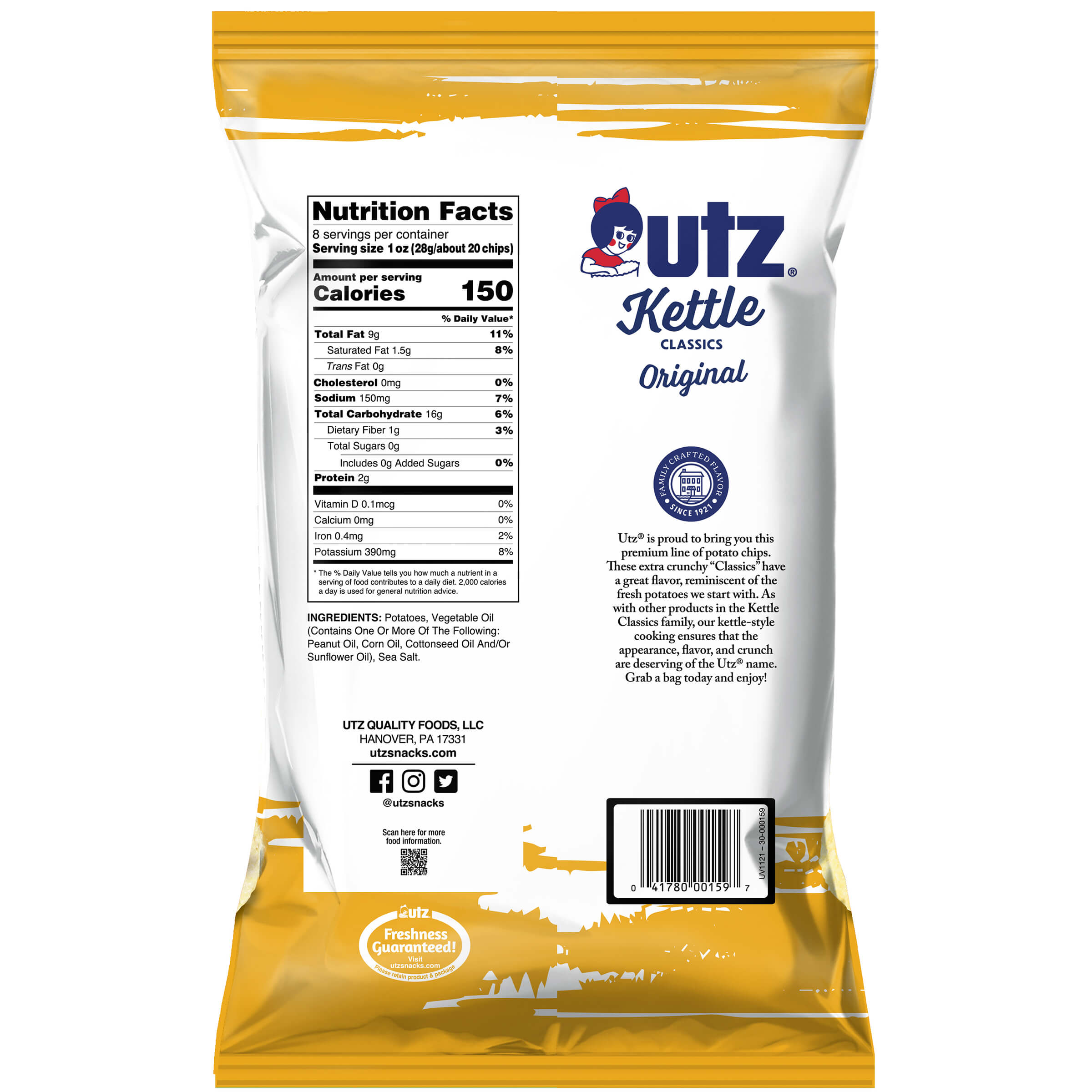 Outz Kettle Classics Original potato chip bag with nutrition facts and branding on a white background