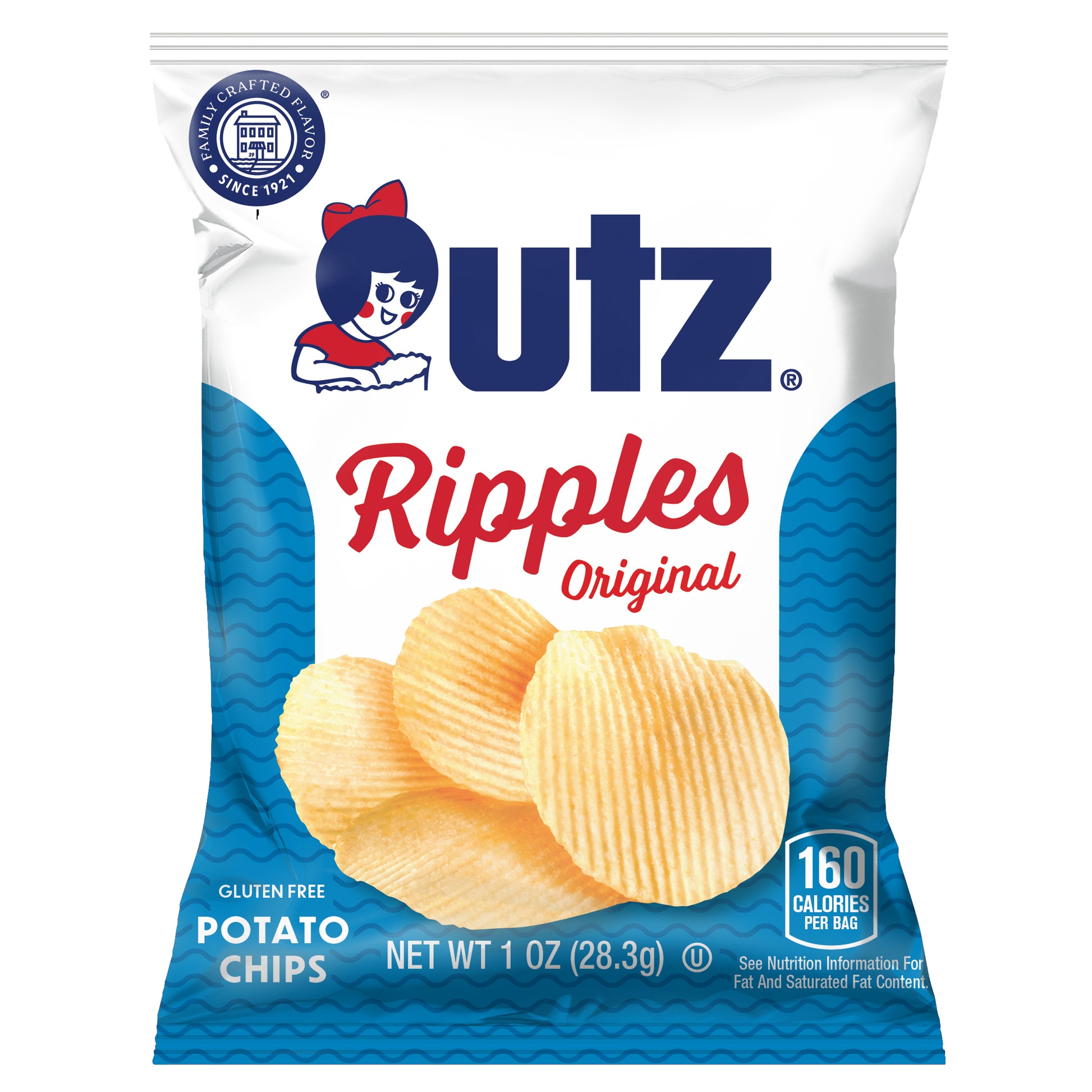 The front of the Utz 1oz Ripple Chips bag, featuring a vibrant design with the Utz logo, "Ripples Original" text, and an image of rippled potato chips. The bag highlights "Gluten Free" and "160 calories per bag."