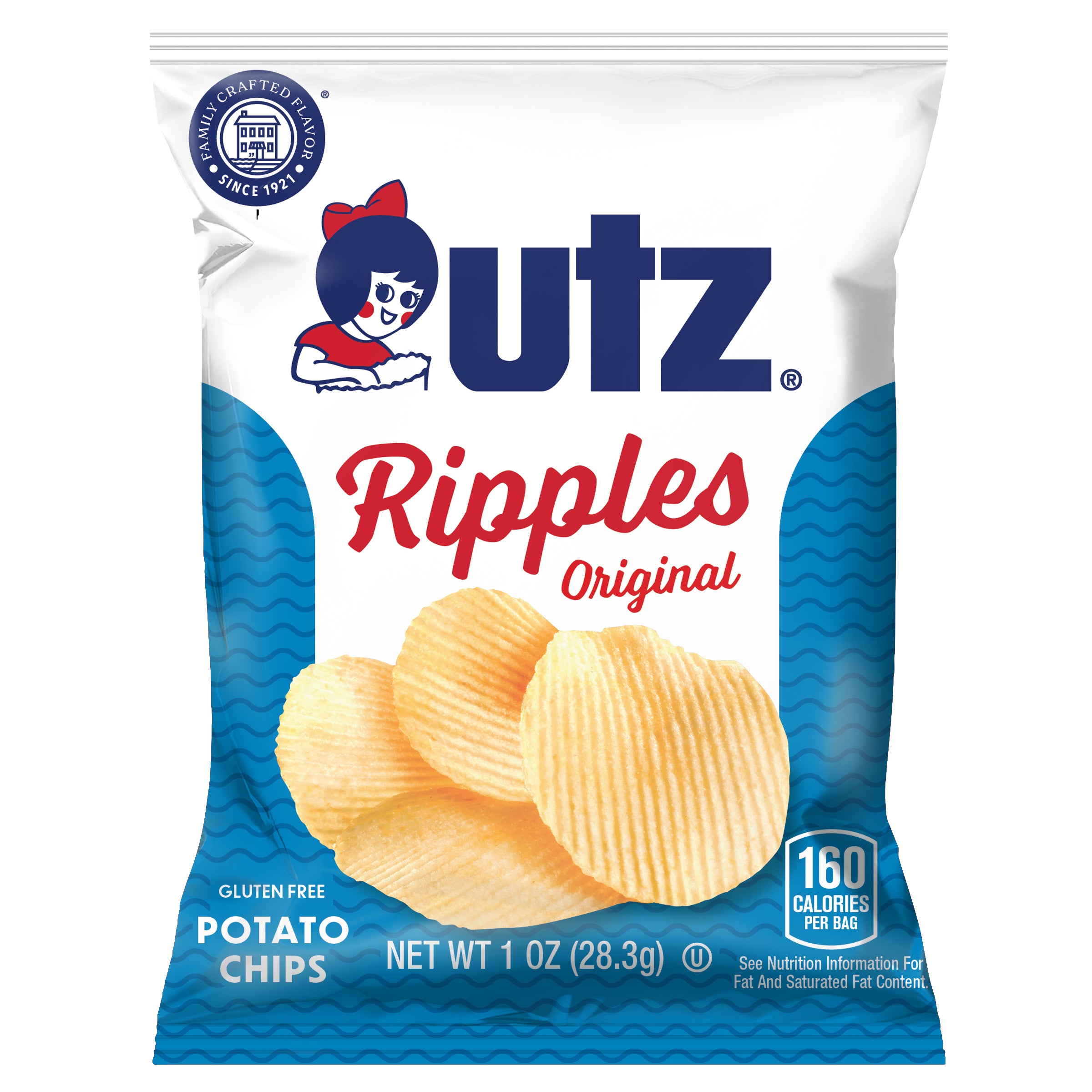 The front of the Utz 1oz Ripple Chips bag, featuring a vibrant design with the Utz logo, "Ripples Original" text, and an image of rippled potato chips. The bag highlights "Gluten Free" and "160 calories per bag."