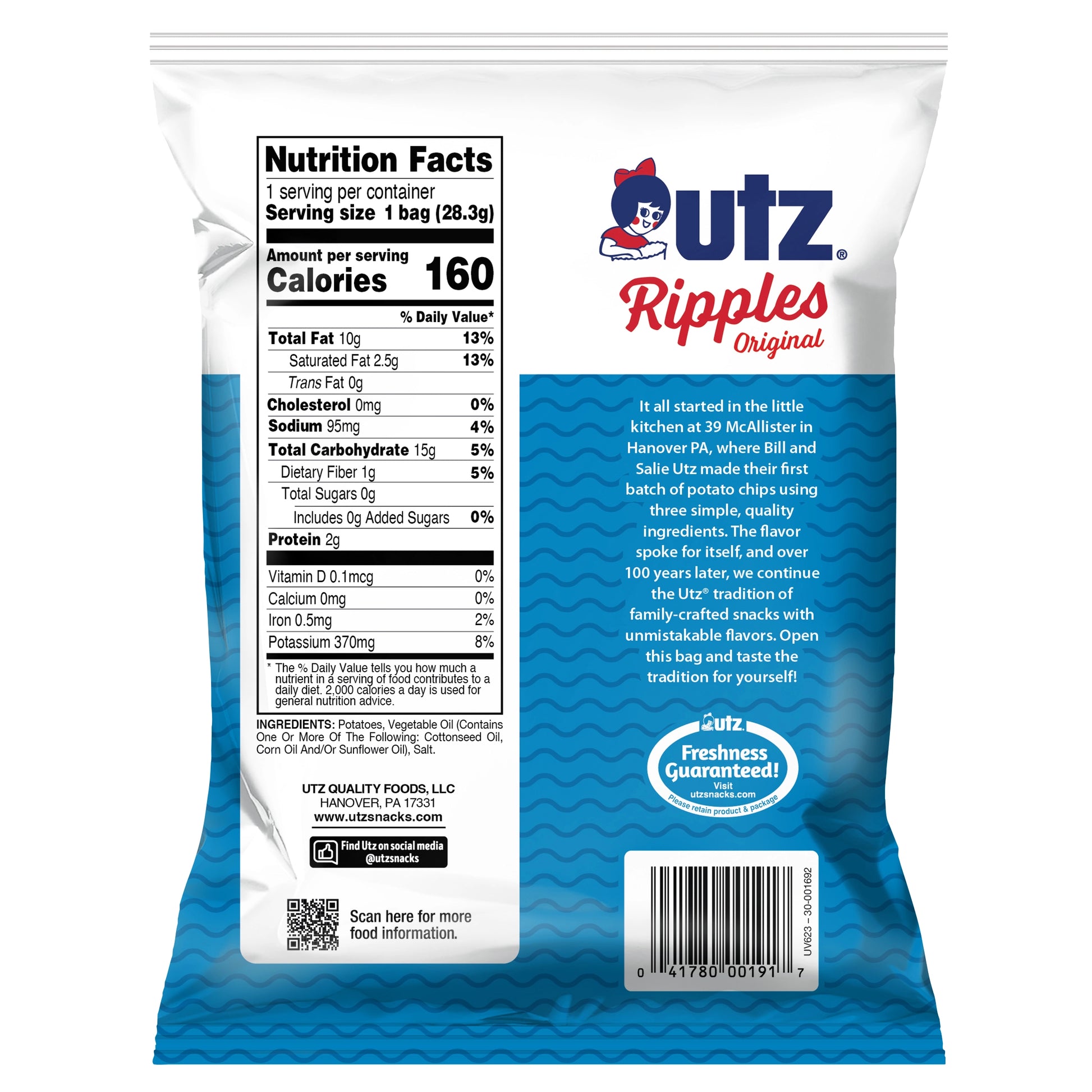 Outz Ripples Original bag with nutrition facts label on a white background