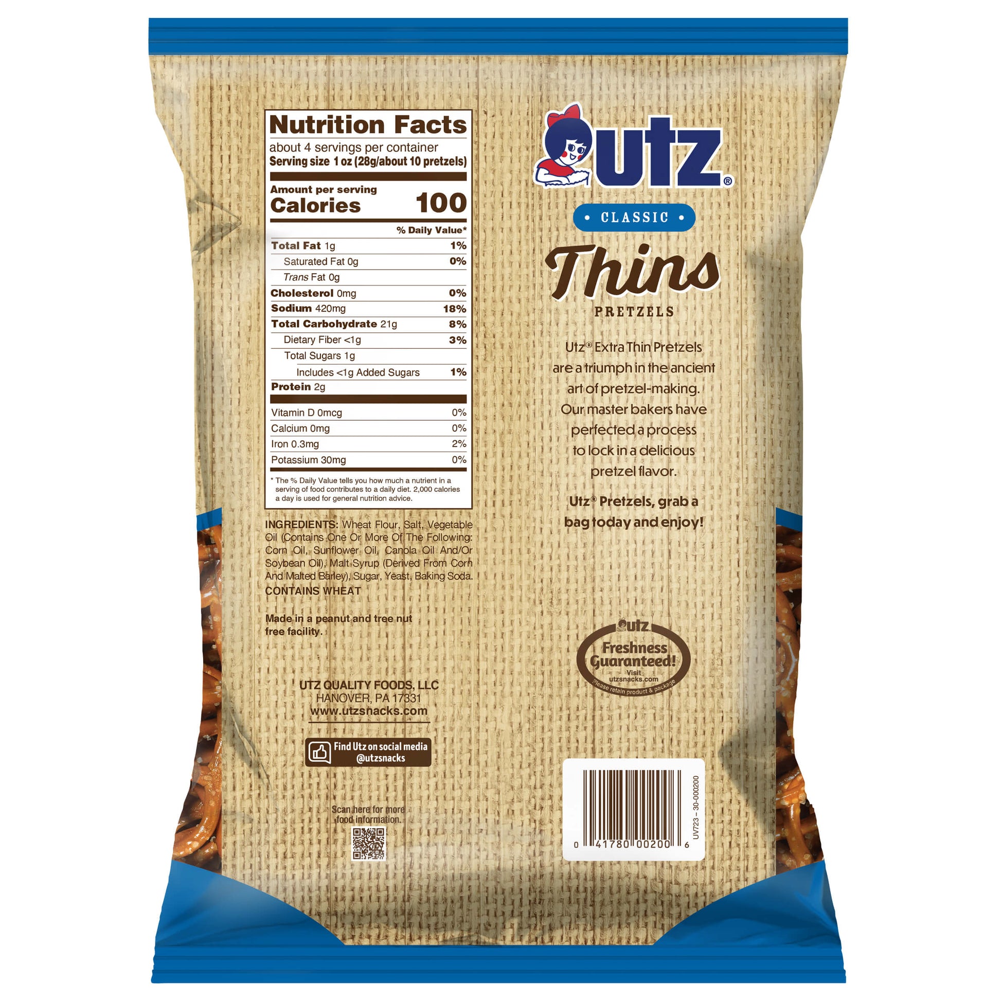 Outz Pretzel Thins packaging with nutrition facts and branding on a white background