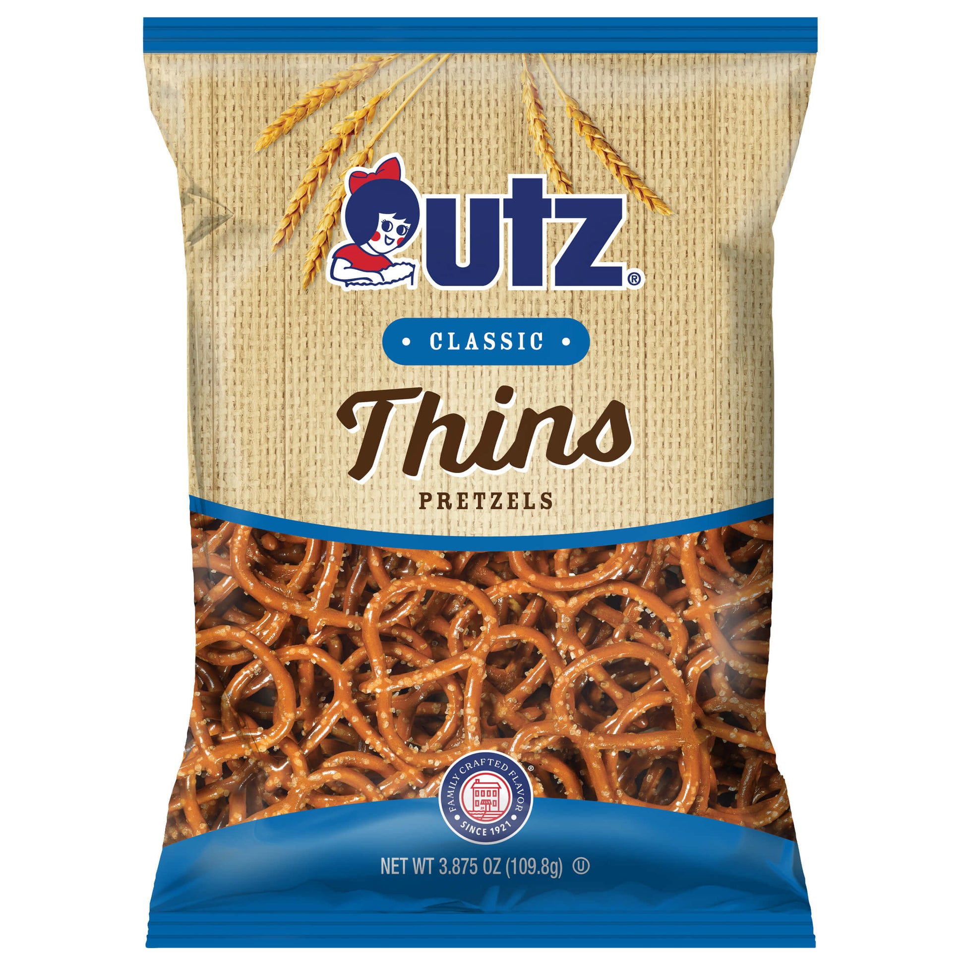 UTZ Classic Thins Pretzels packaging with blue and beige design