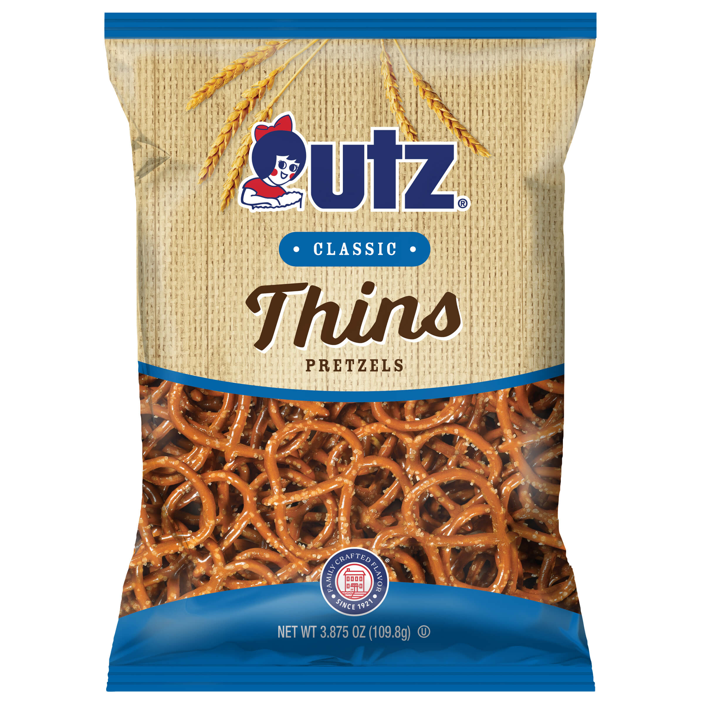 UTZ Classic Thins Pretzels packaging with blue and beige design