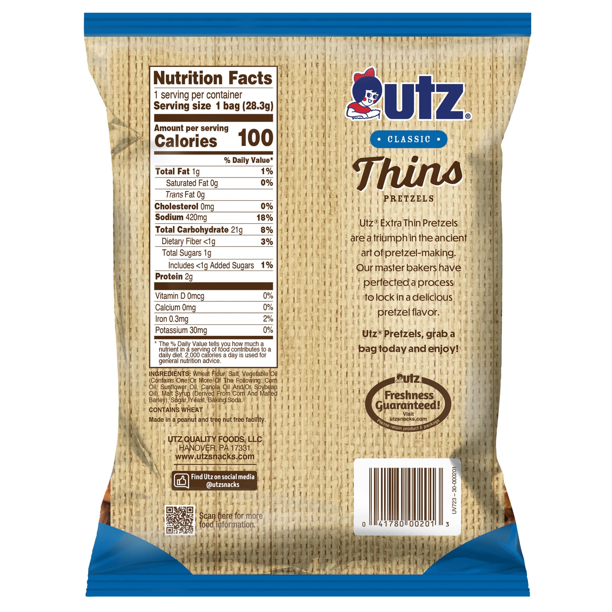 UTZ Thins Pretzels packaging with nutrition facts label on a white background