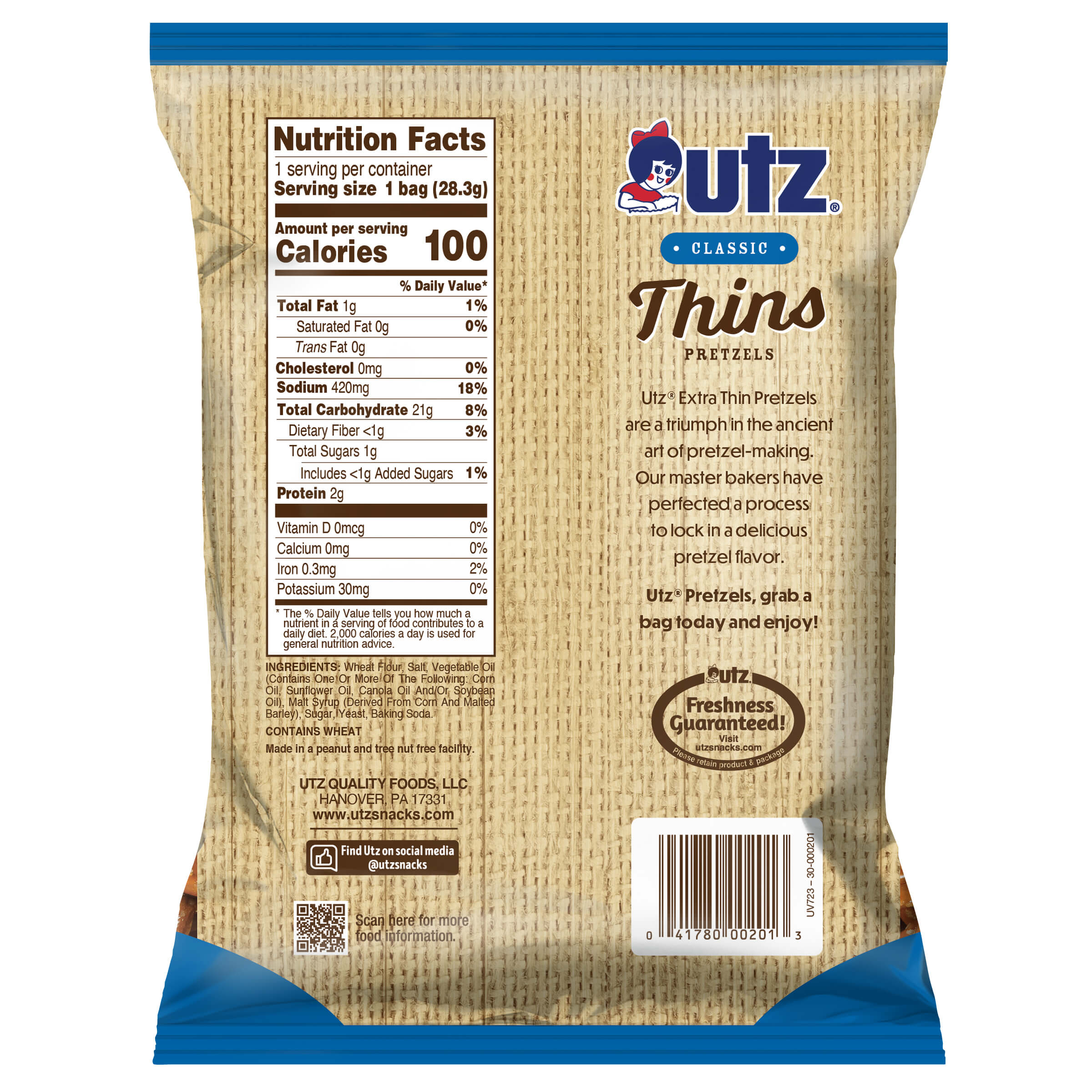 UTZ Thins Pretzels packaging with nutrition facts label on a white background