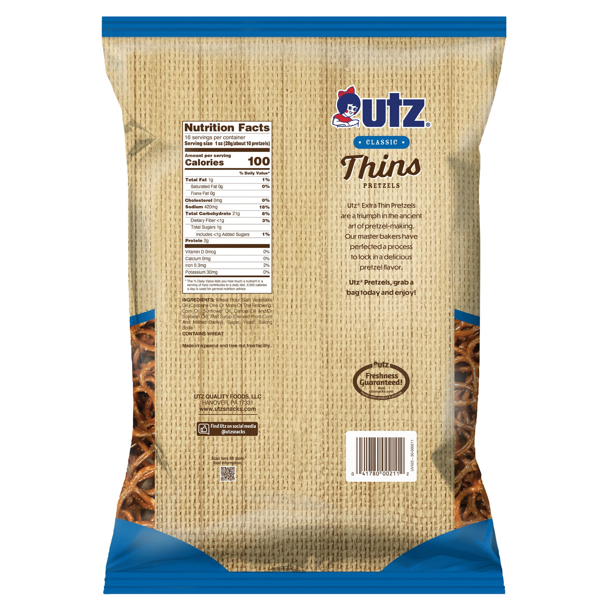 Back view of a Utz Pretzel Thins package with nutritional information and branding.