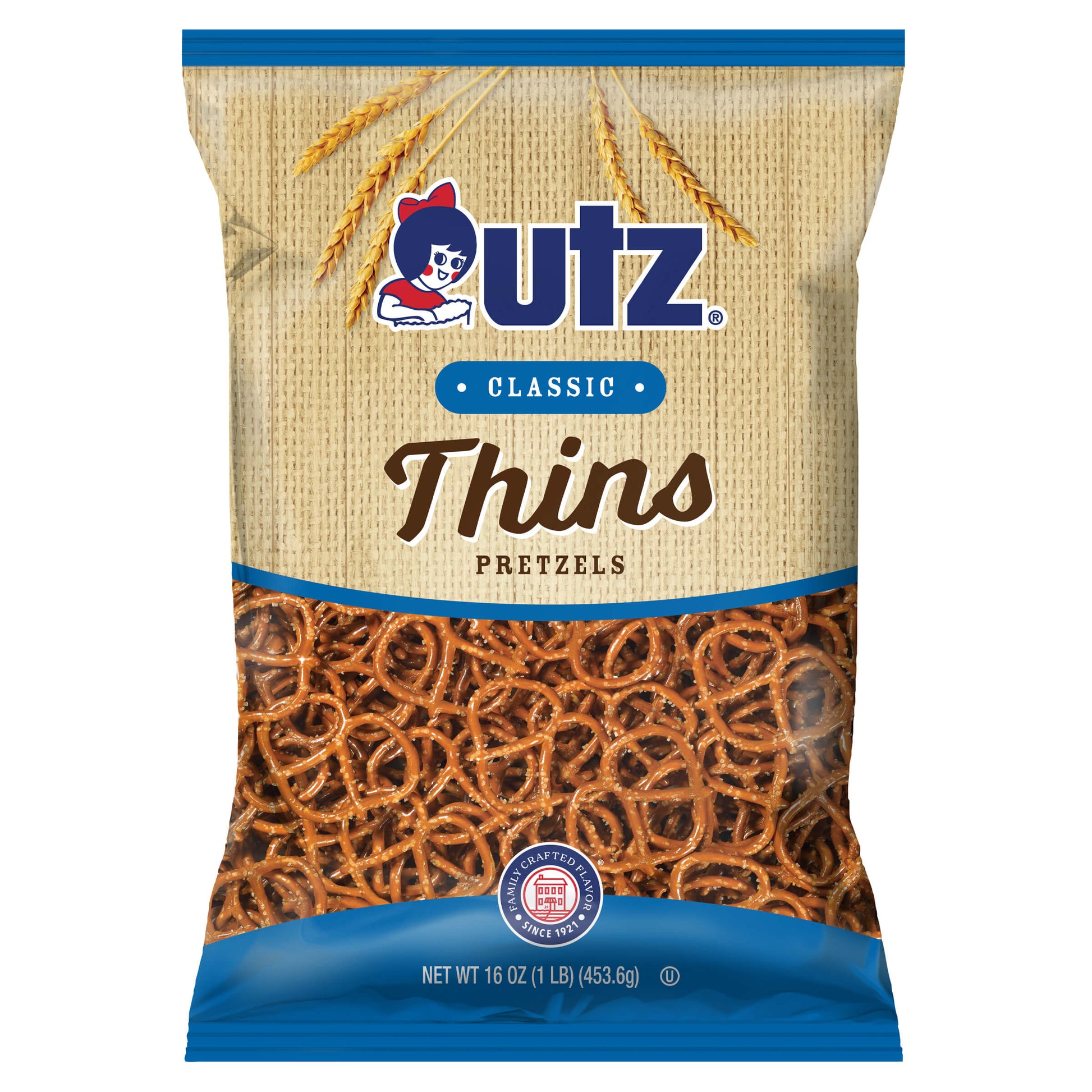 UTZ Classic Thins Pretzels packaging on a white background