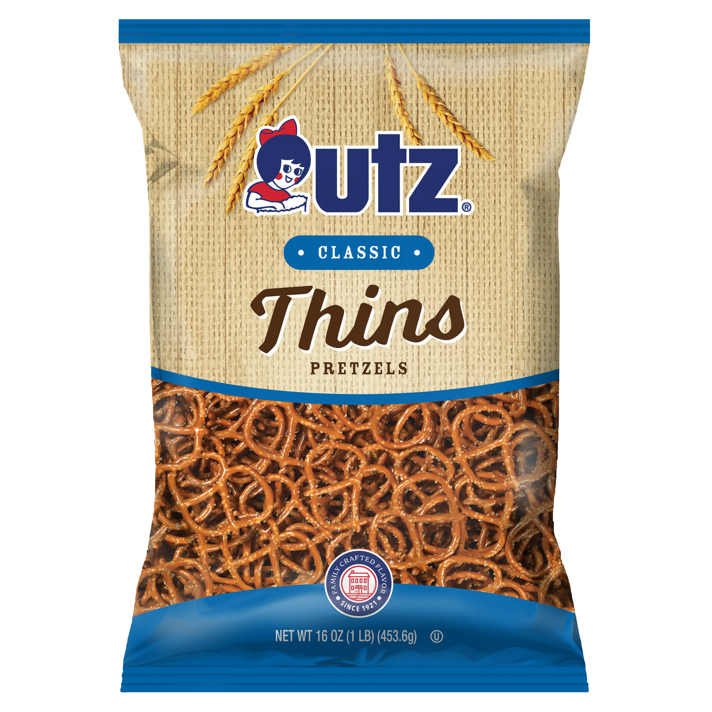 UTZ Classic Thins Pretzels packaging on a white background