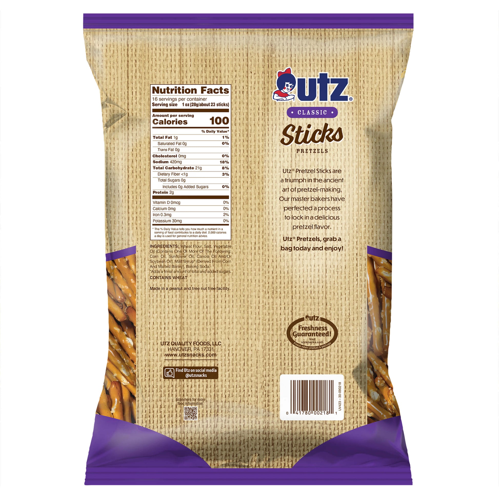 Back view of a Utz Classic Sticks Pretzels package with nutritional information and branding.