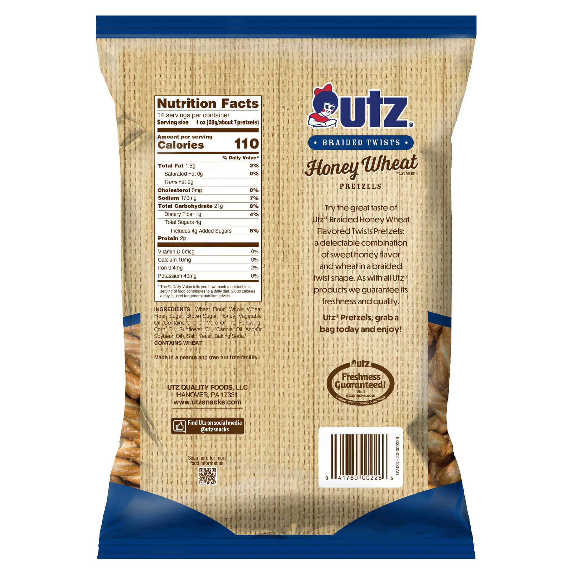 Back view of a Utz Honey Wheat Pretzel bag with nutrition facts label and branding.