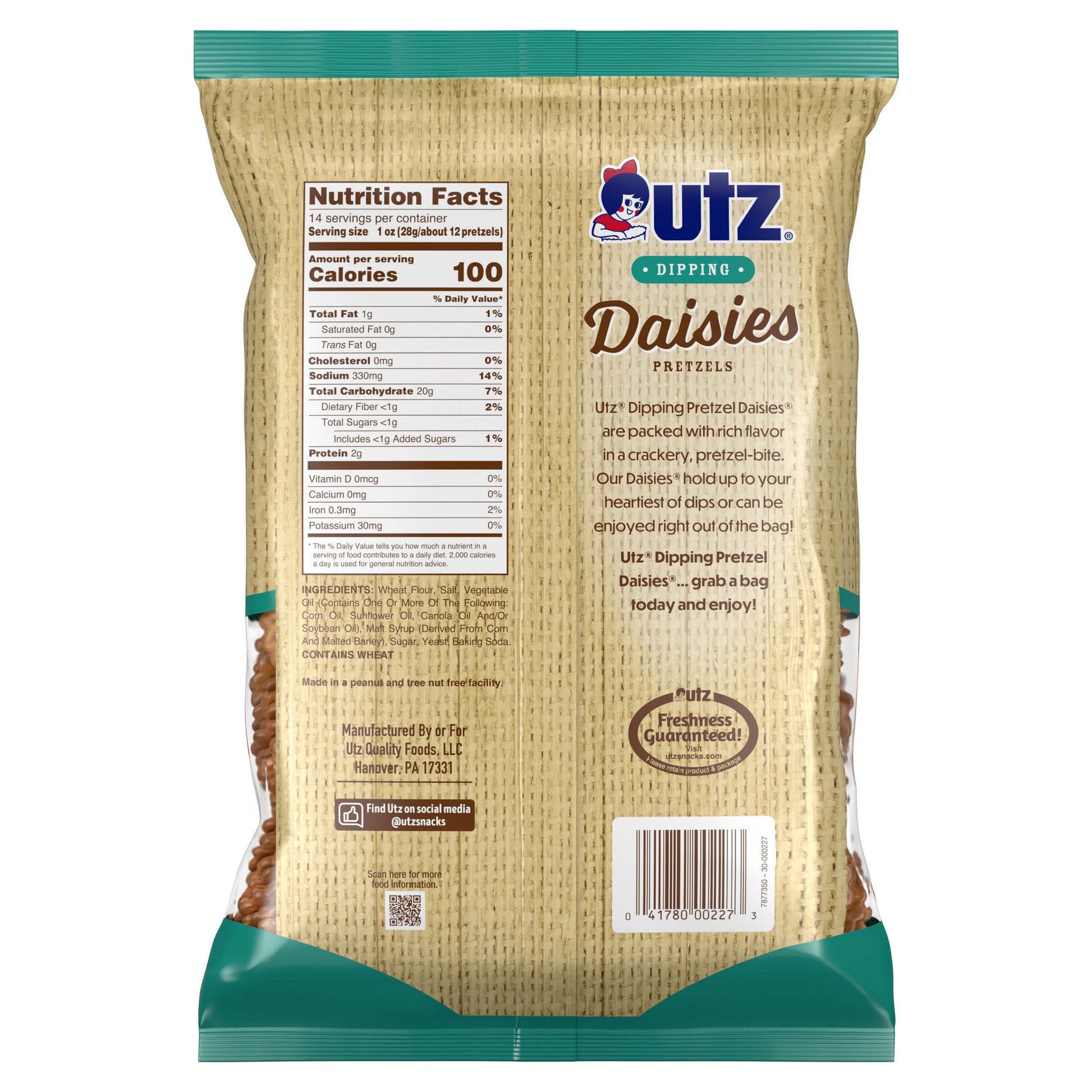 Outz Dipping Pretzels package with nutrition facts label on a white background