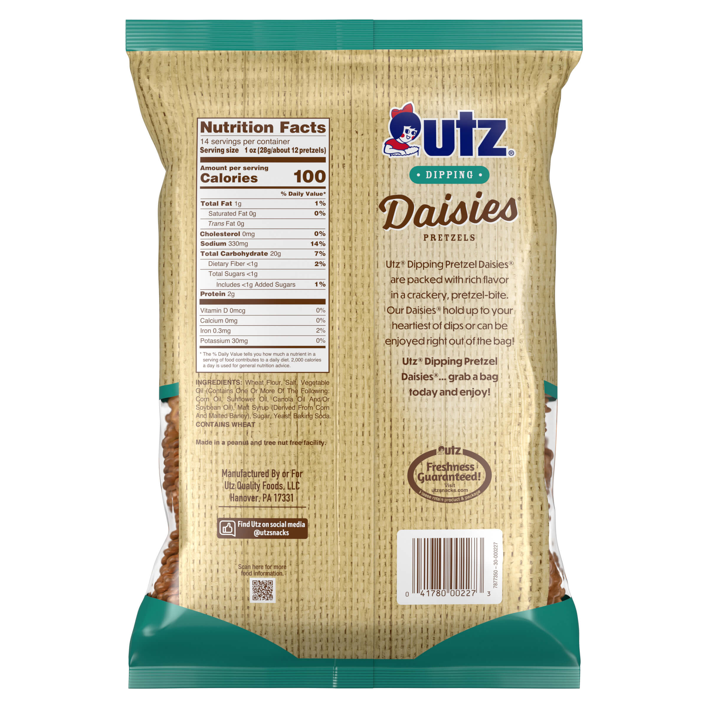 Outz Dipping Pretzels package with nutrition facts label on a white background
