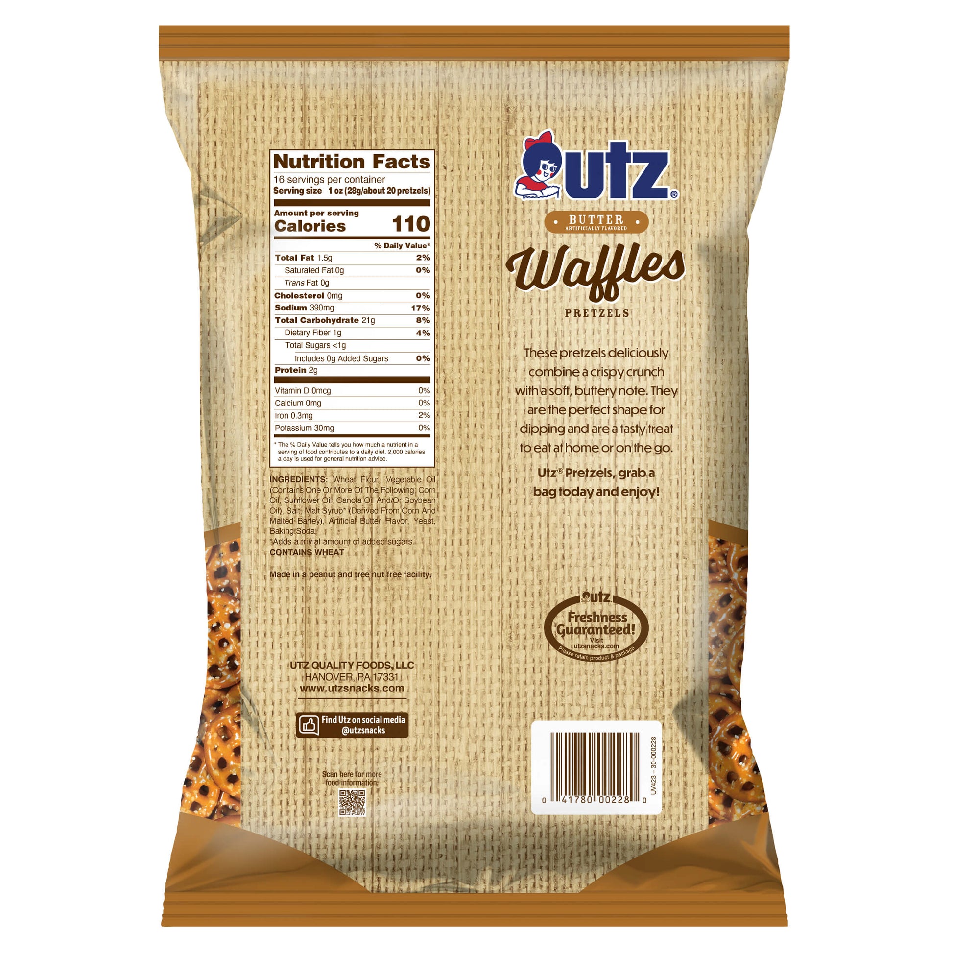 Back view of autz butter waffles pretzels packaging with nutritional information and branding.