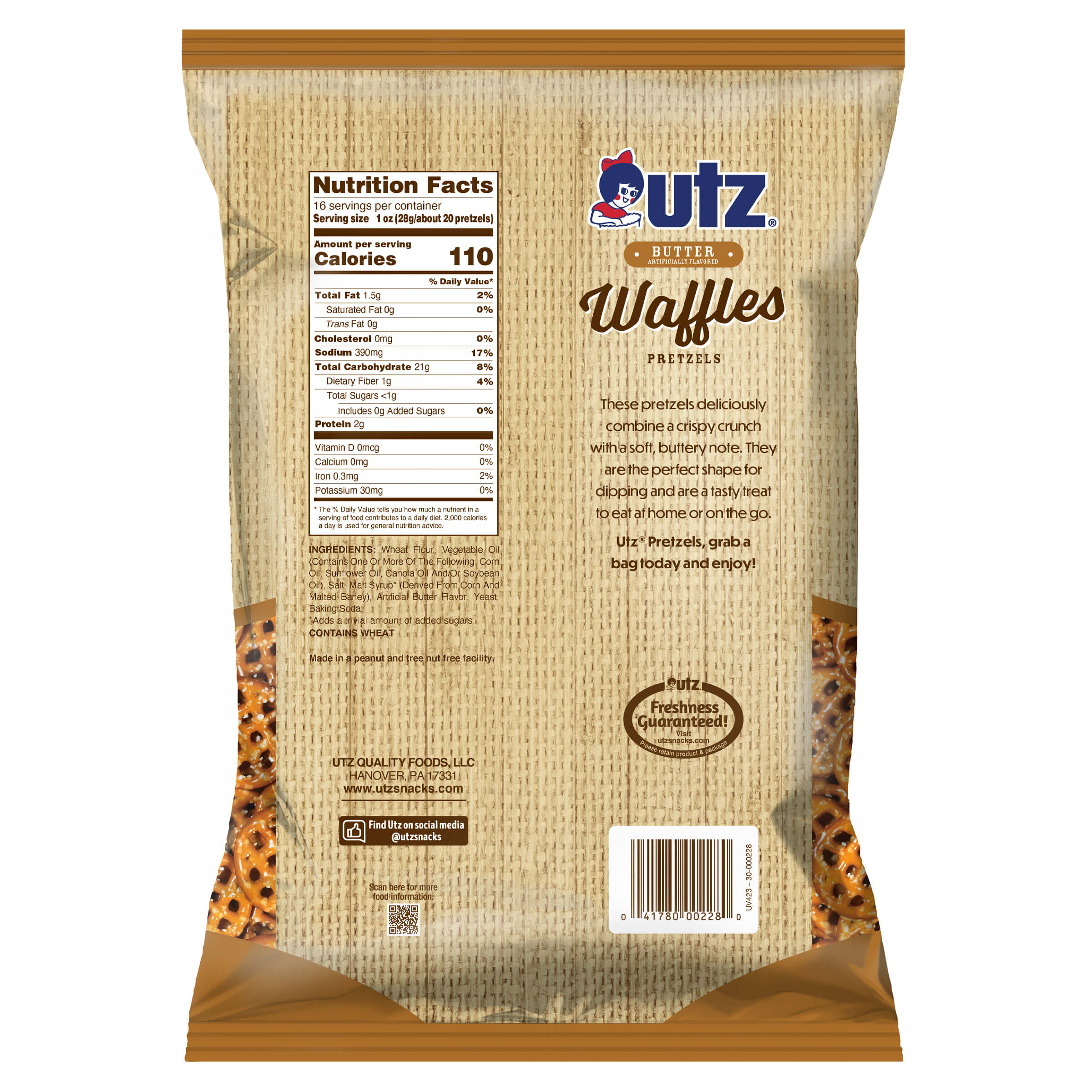Back view of autz butter waffles pretzels packaging with nutritional information and branding.