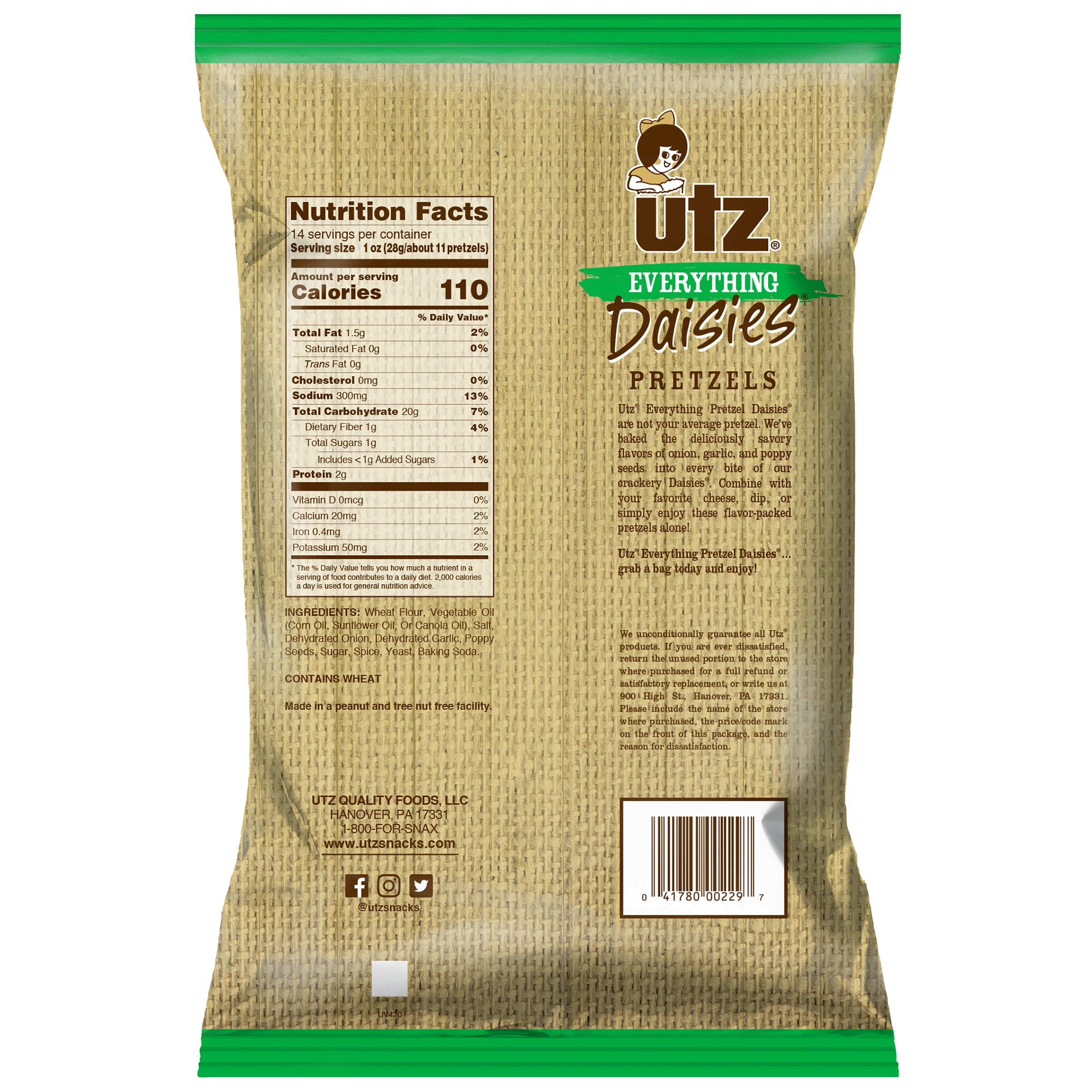 Back view of a bag of Utz Everything Daizes Pretzels with nutritional information and branding.