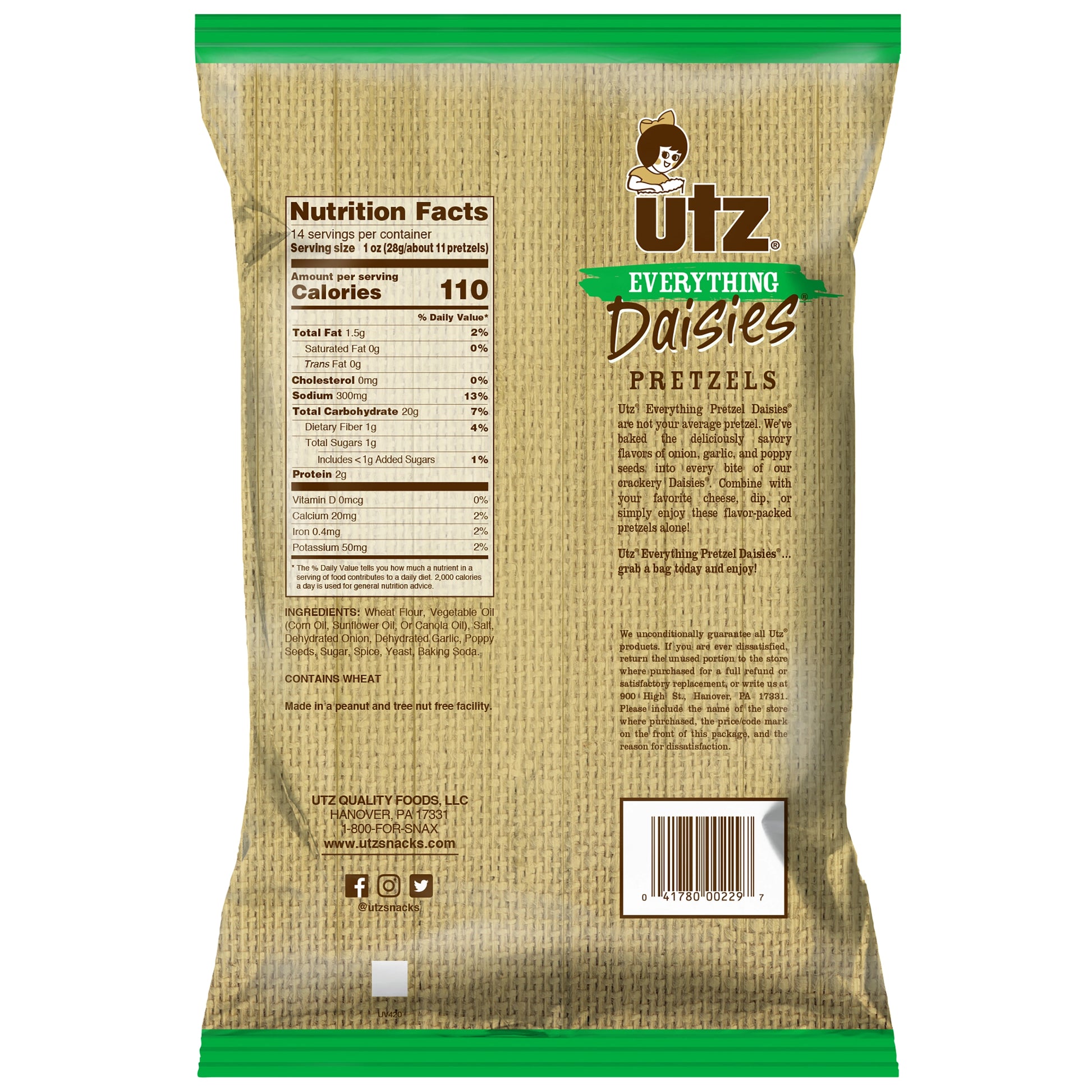 Back view of a bag of Utz Everything Daizes Pretzels with nutritional information and branding.