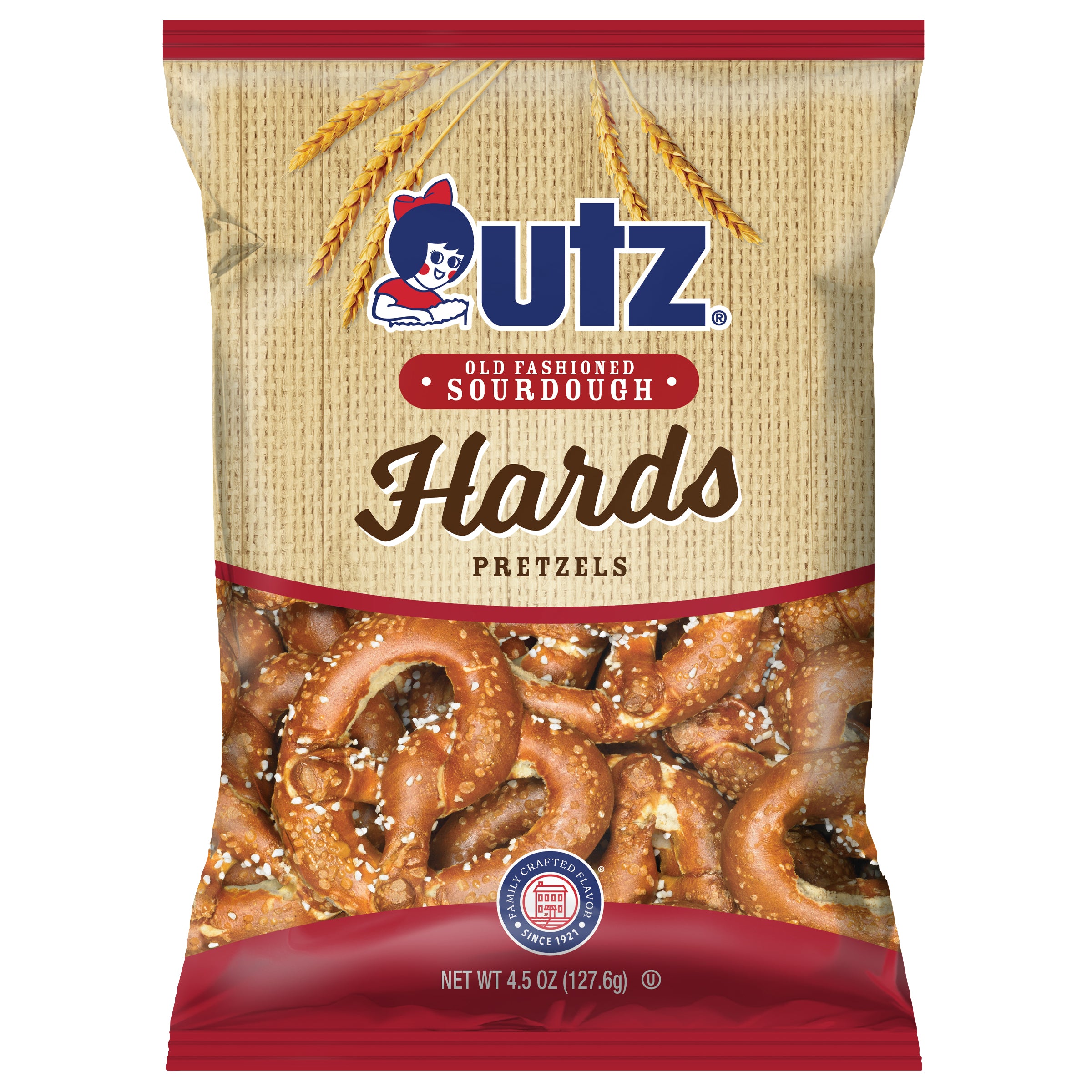 Packaging of Utz Old Fashioned Sourdough Hards Pretzels on a white background