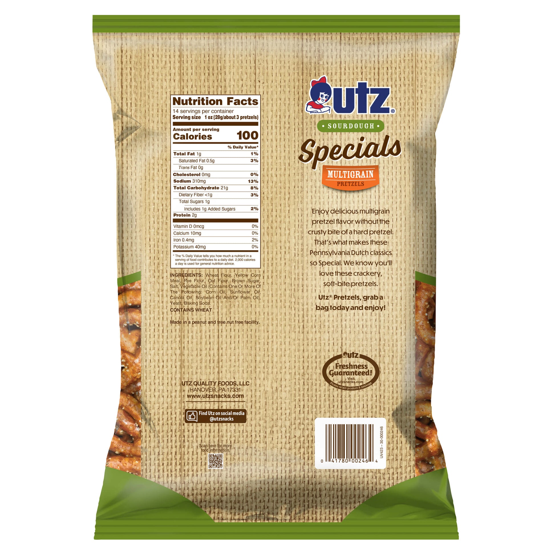 UTZ Specials Multiorange snack package with nutrition facts label on a white background