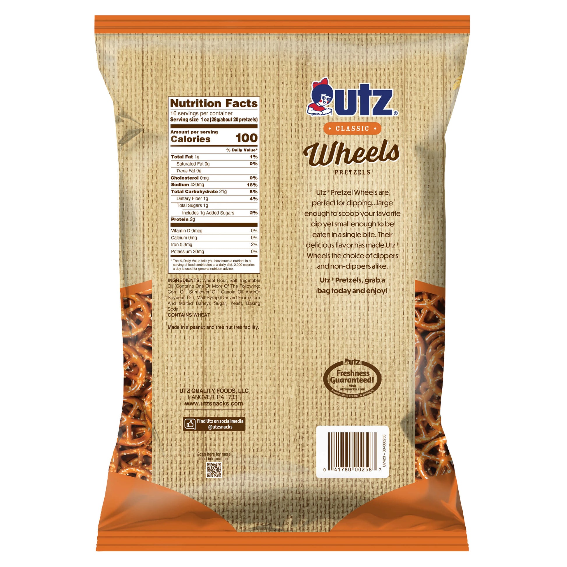 UTZ Classic Wheels Pretzels packaging with nutrition facts label on a white background