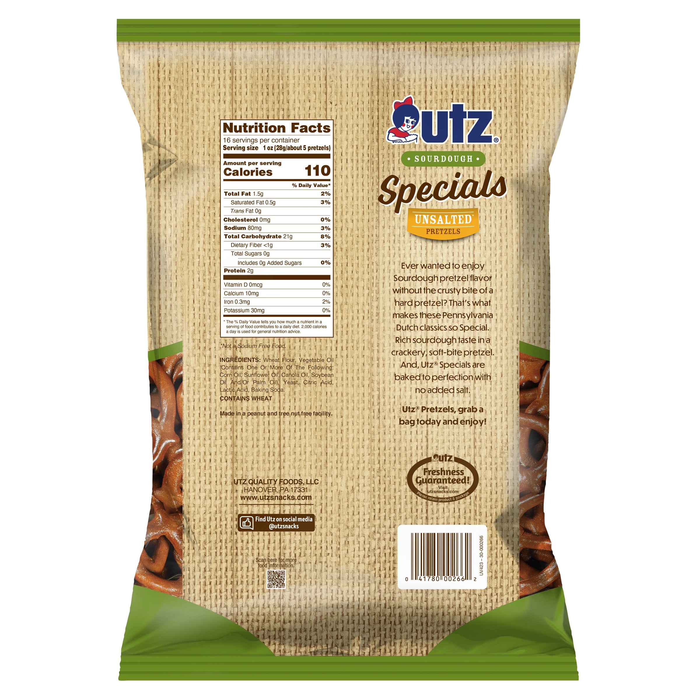 back of Utz Sourdough Specials Unsalted Pretzels, 16 oz