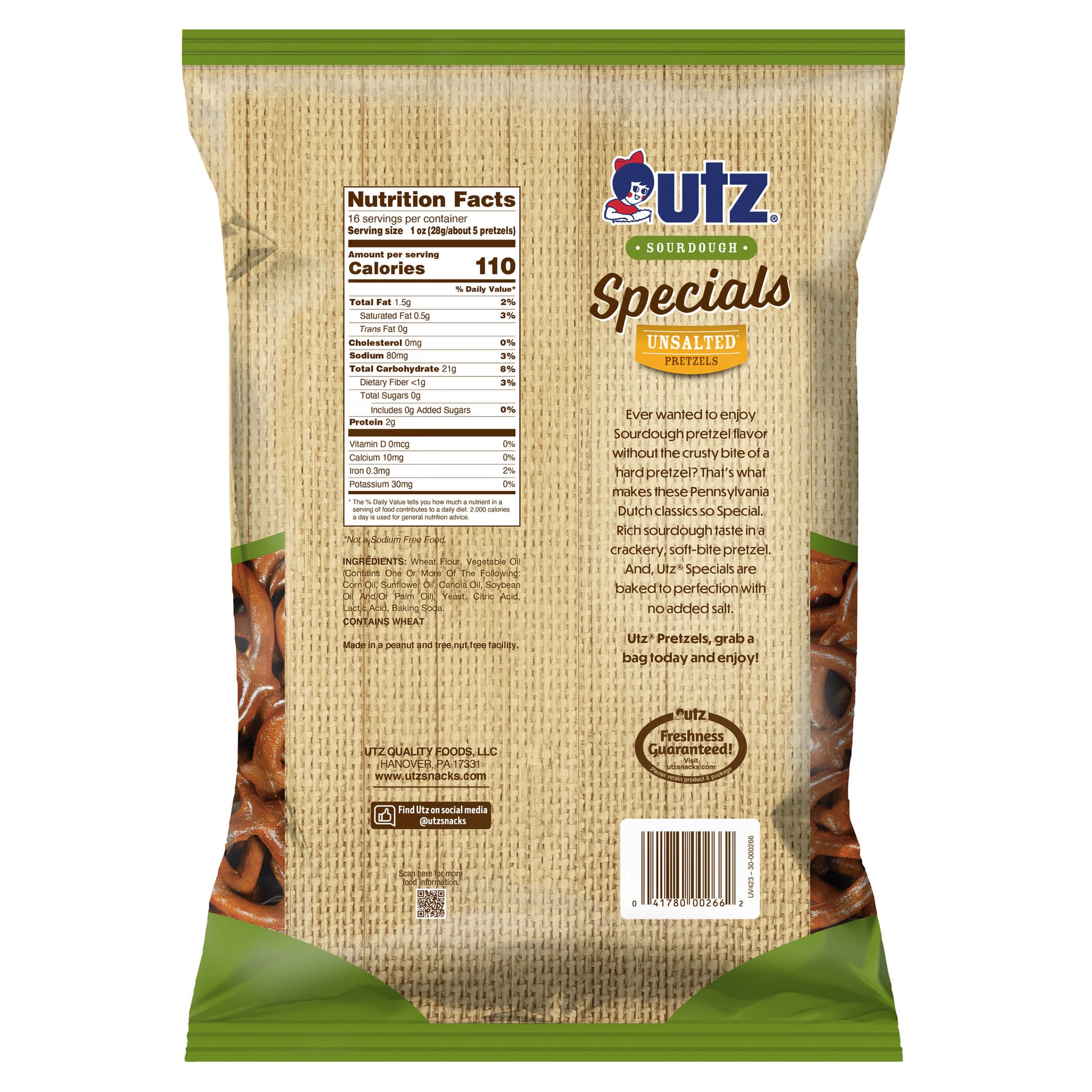 Back view of a Utz snack bag with nutritional information and branding.