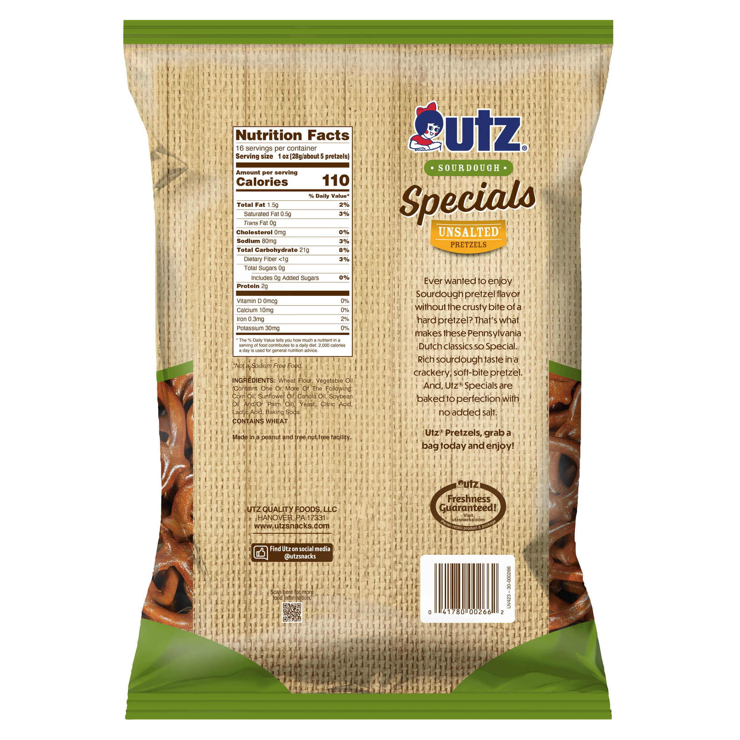 Back view of a Utz snack bag with nutritional information and branding.