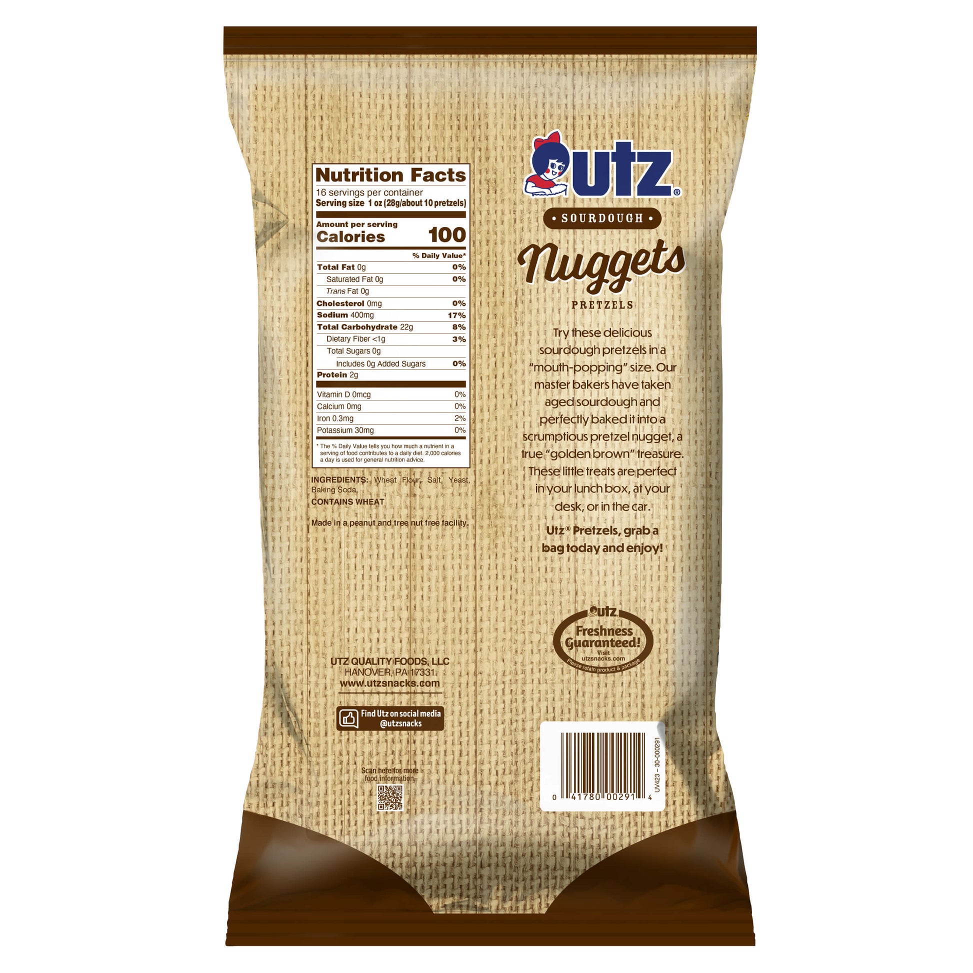 Back view of a Utz Nuggets Pretzels packaging with nutritional information and branding.