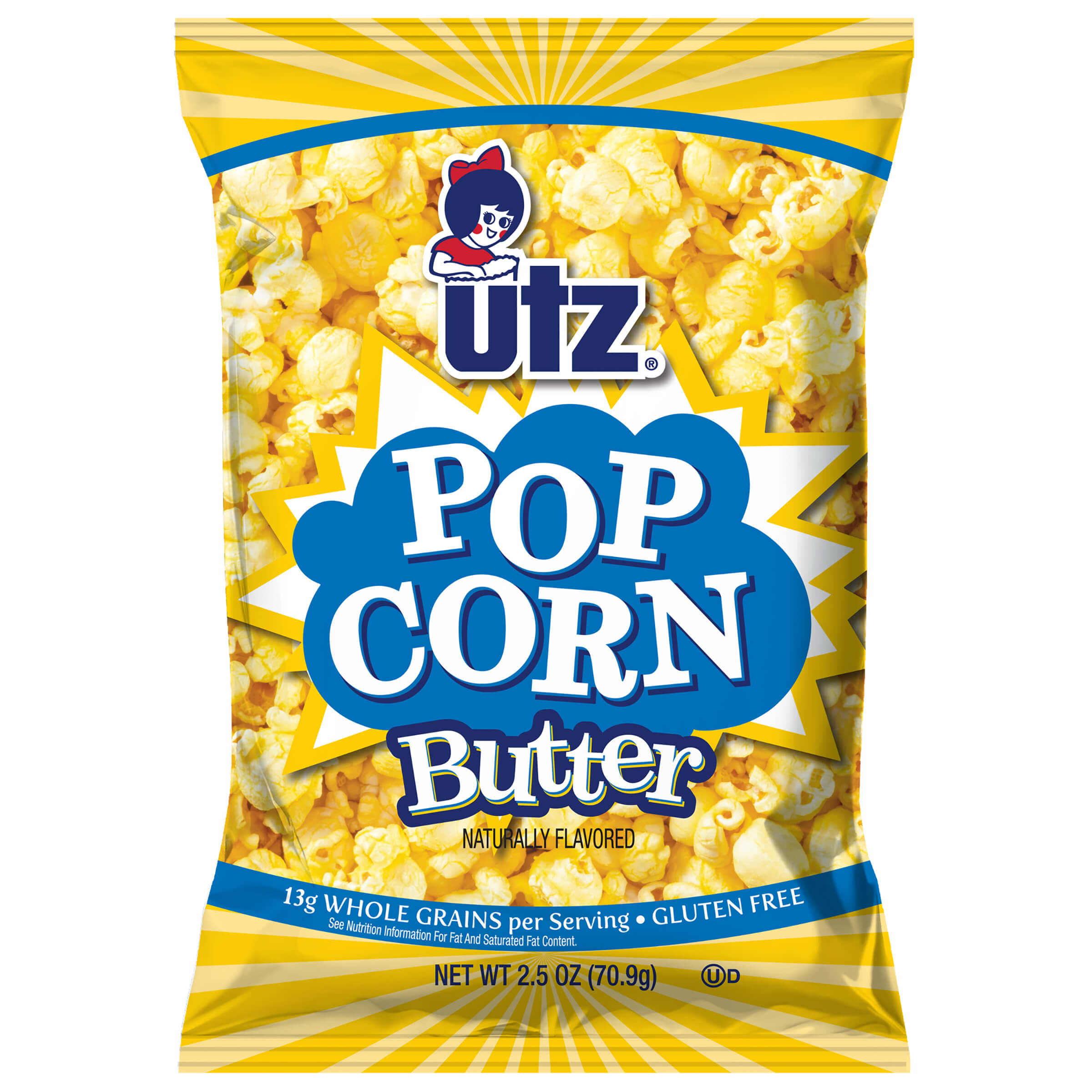 Utz Pop Corn Butter snack bag on a white background