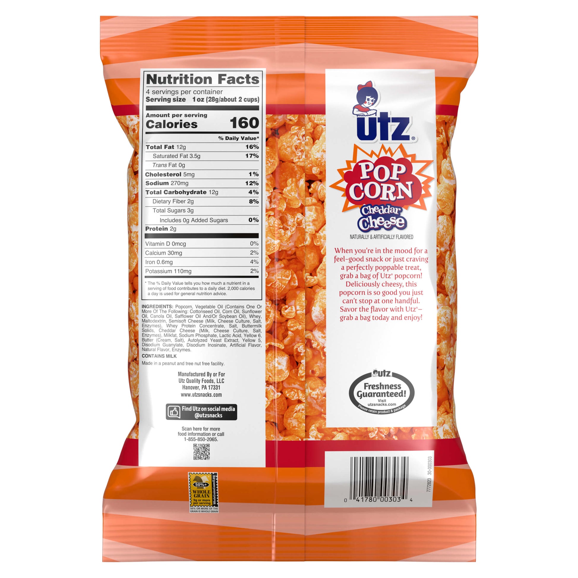 UTZ Pop Corn Cheese flavor packaging with nutrition facts label on a white background