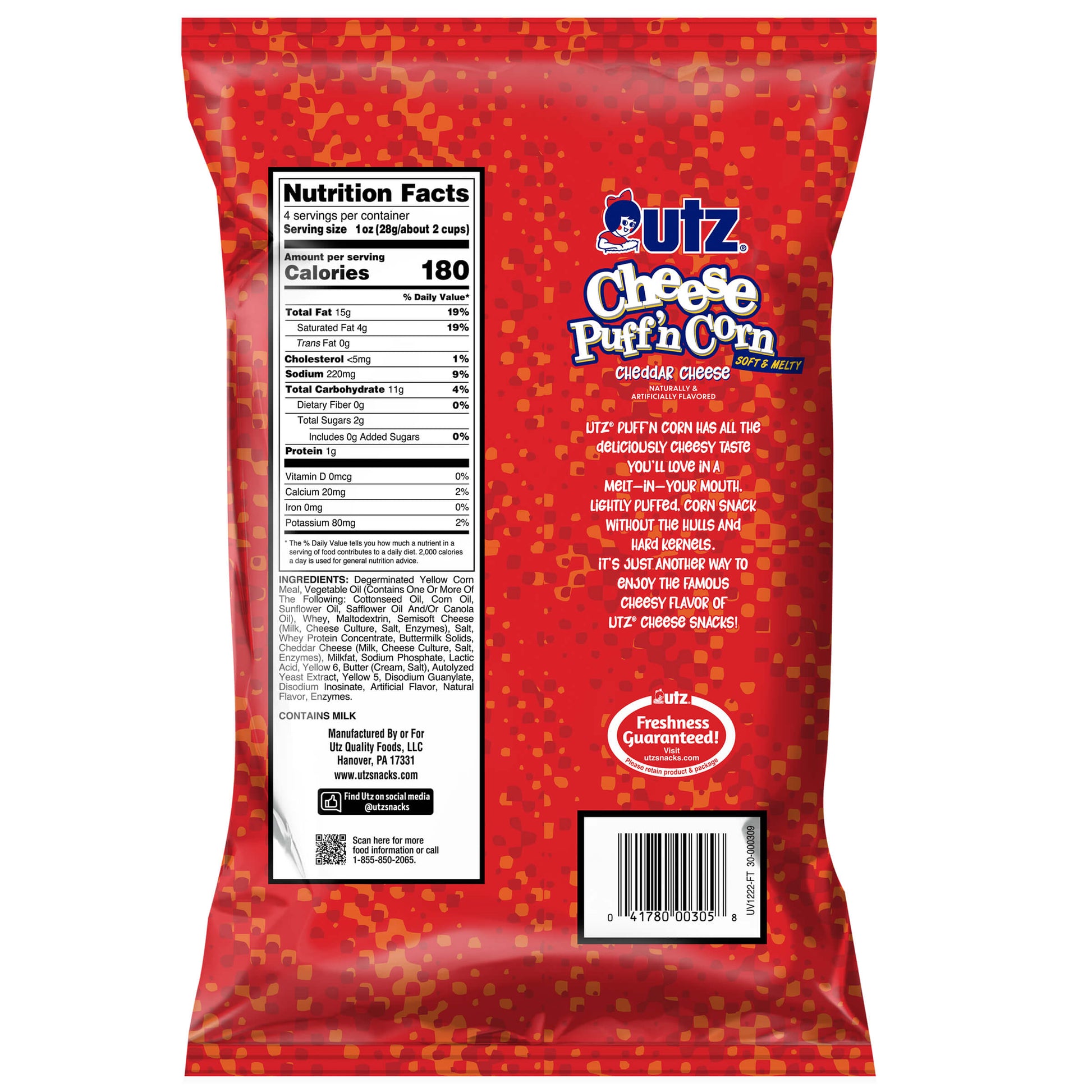 Back view of a red bag of Utz Cheese Puff'n Corn snack with nutrition facts and branding.