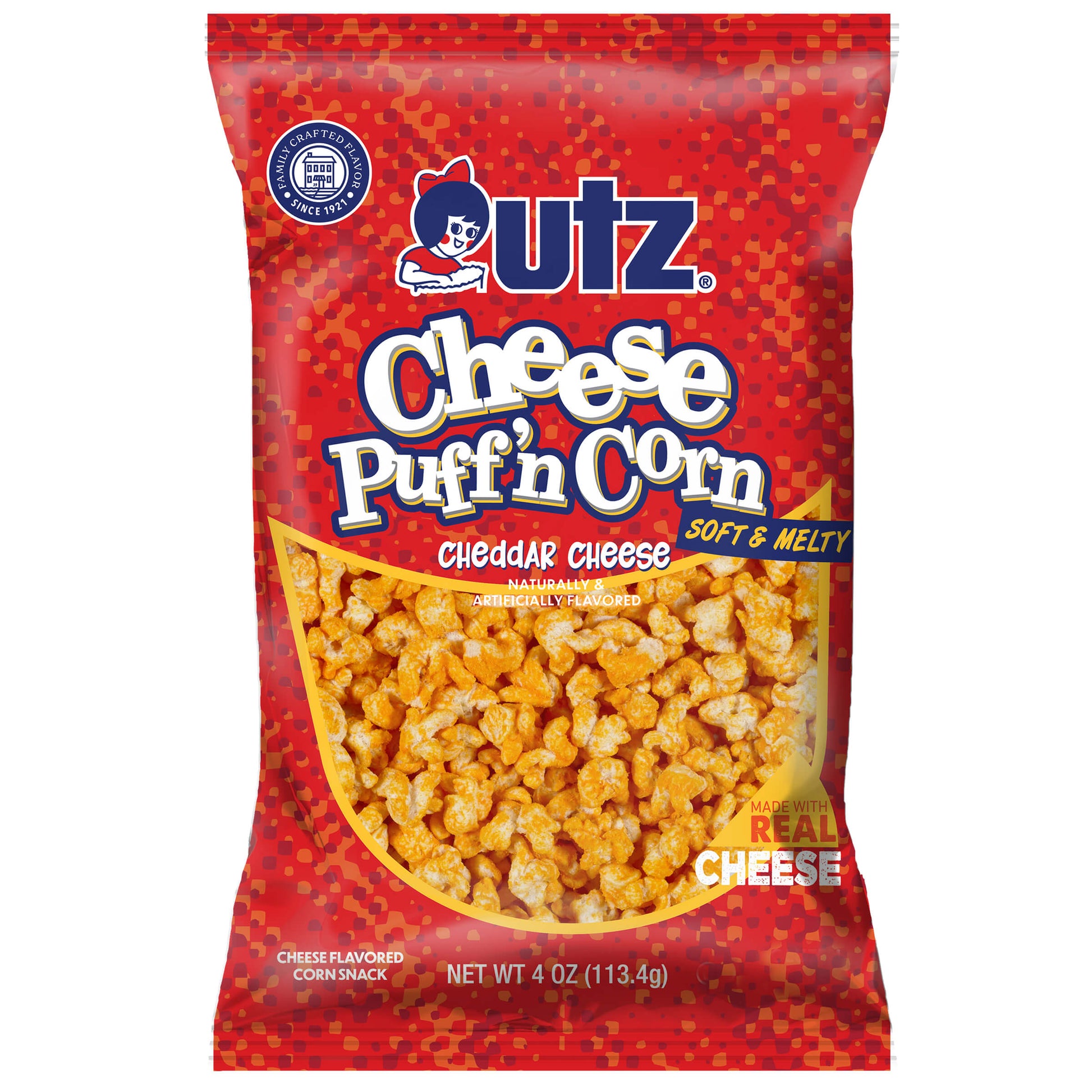 Utz Cheese Puff 'n Corn snack packet on a white background
