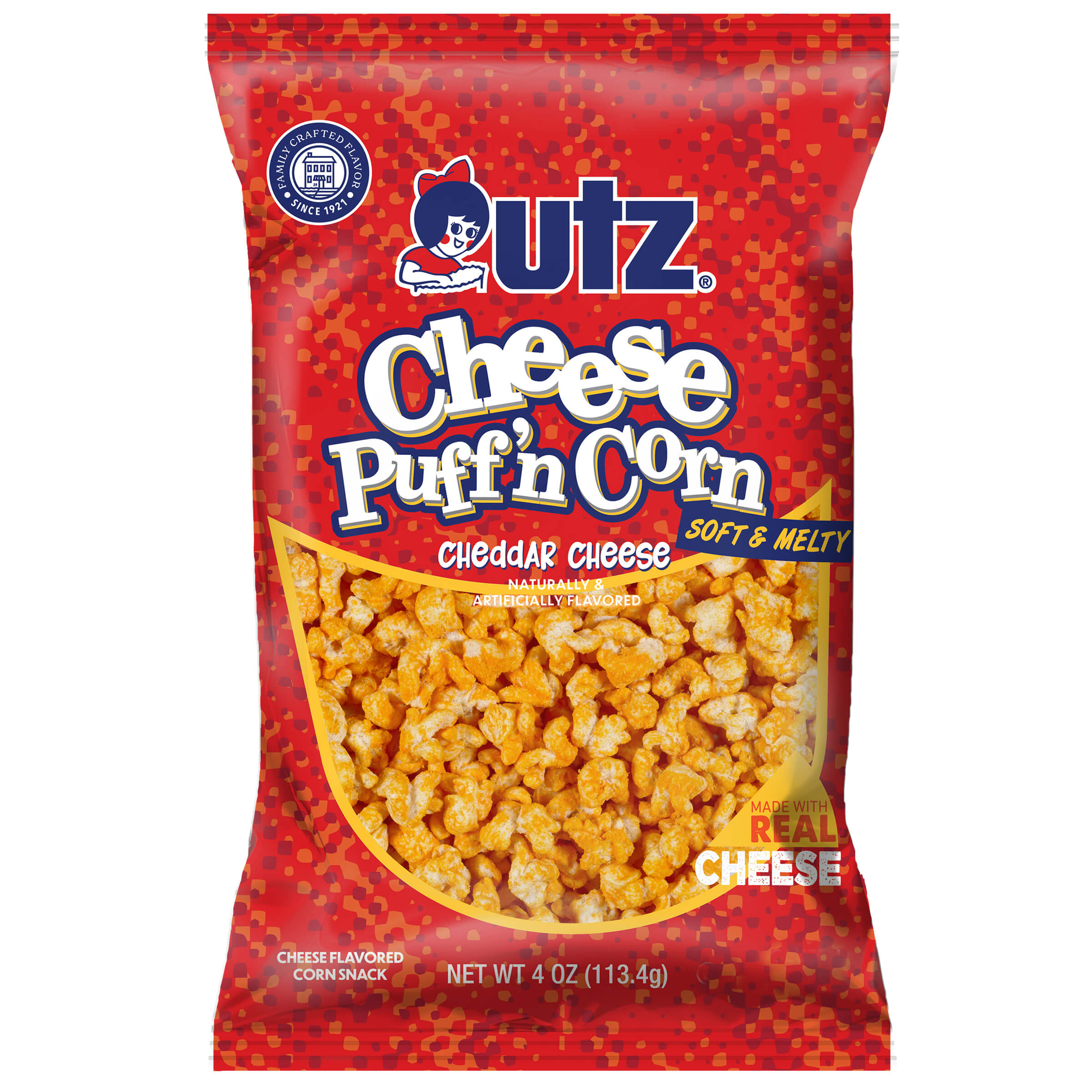 Utz Cheese Puff 'n Corn snack packet on a white background