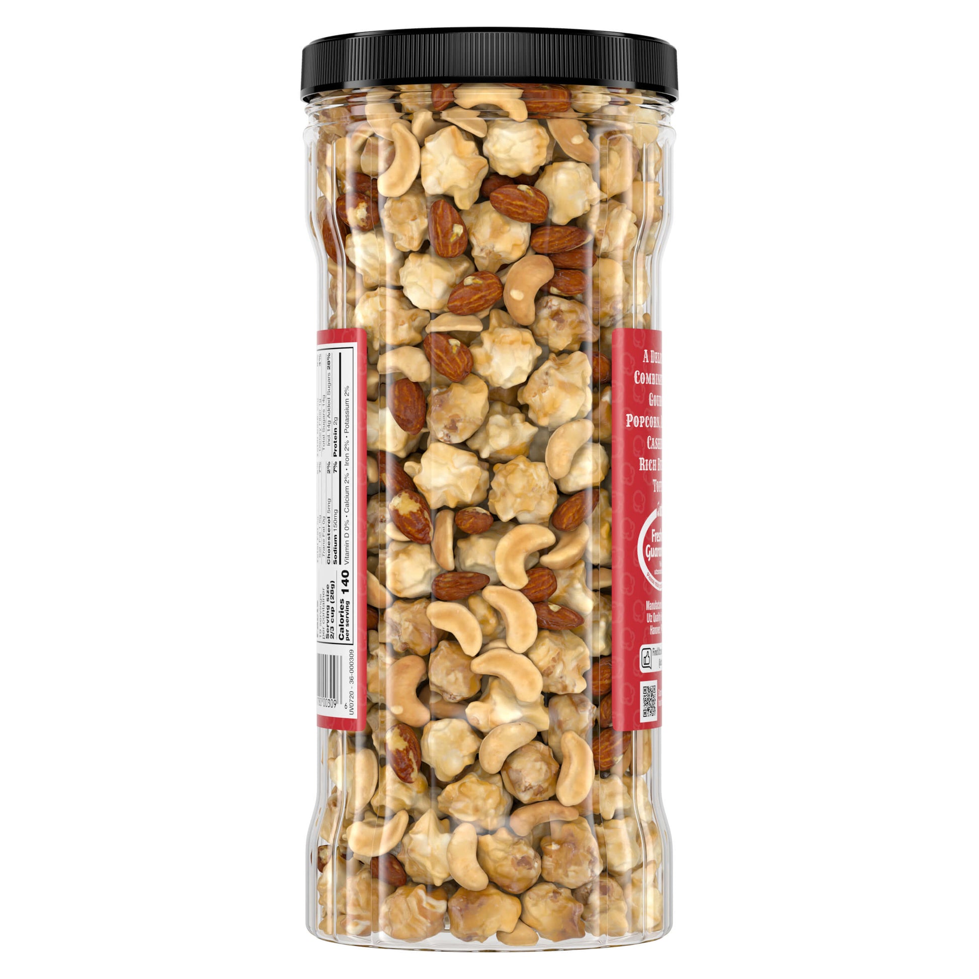 Jar of mixed nuts with a black lid on a white background