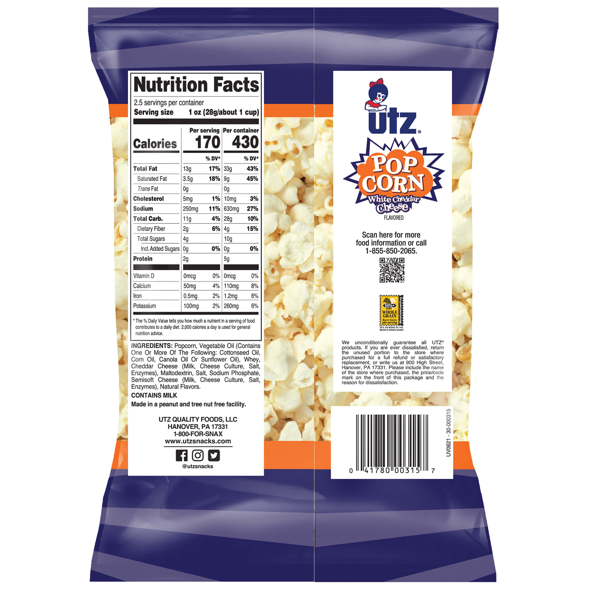 Back view of a Utz Pop Corn bag with nutrition facts and branding.