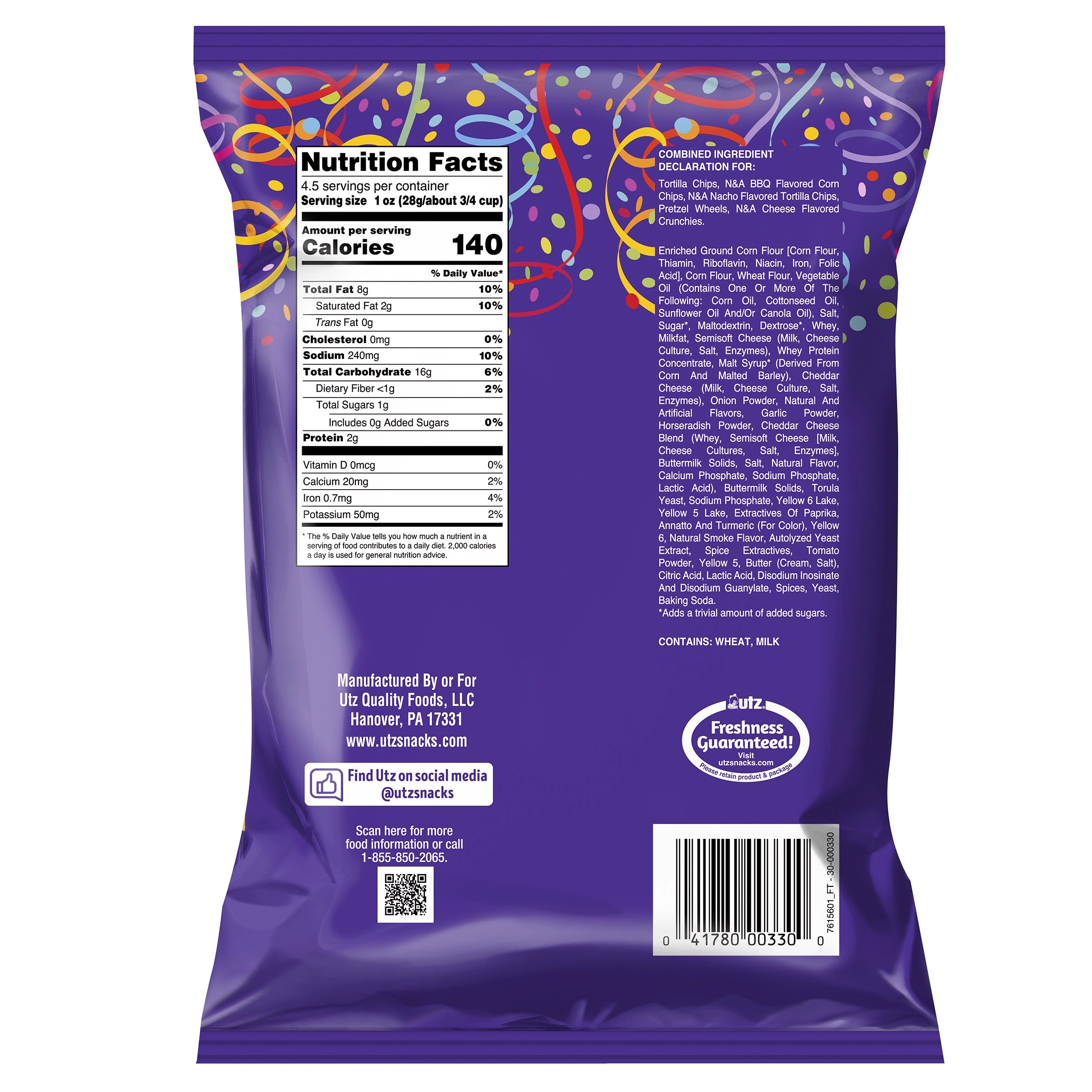Purple snack bag with nutrition facts label and Ute Quality Pack logo