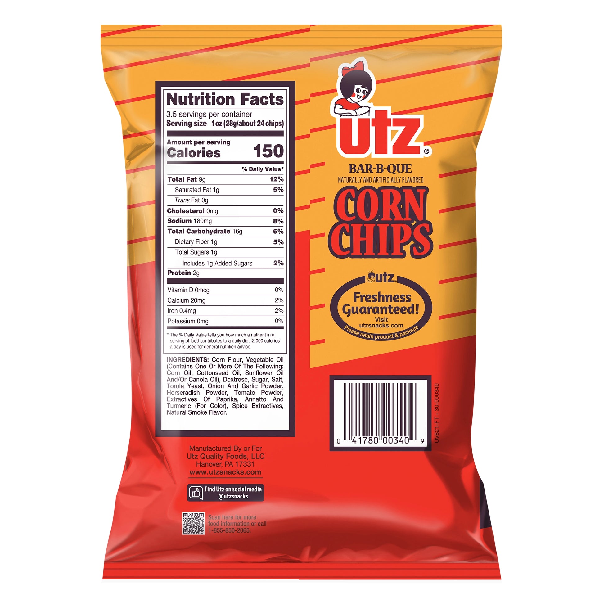 Back view of a Utz Bar-B-Que Corn Chips bag with nutrition facts label.